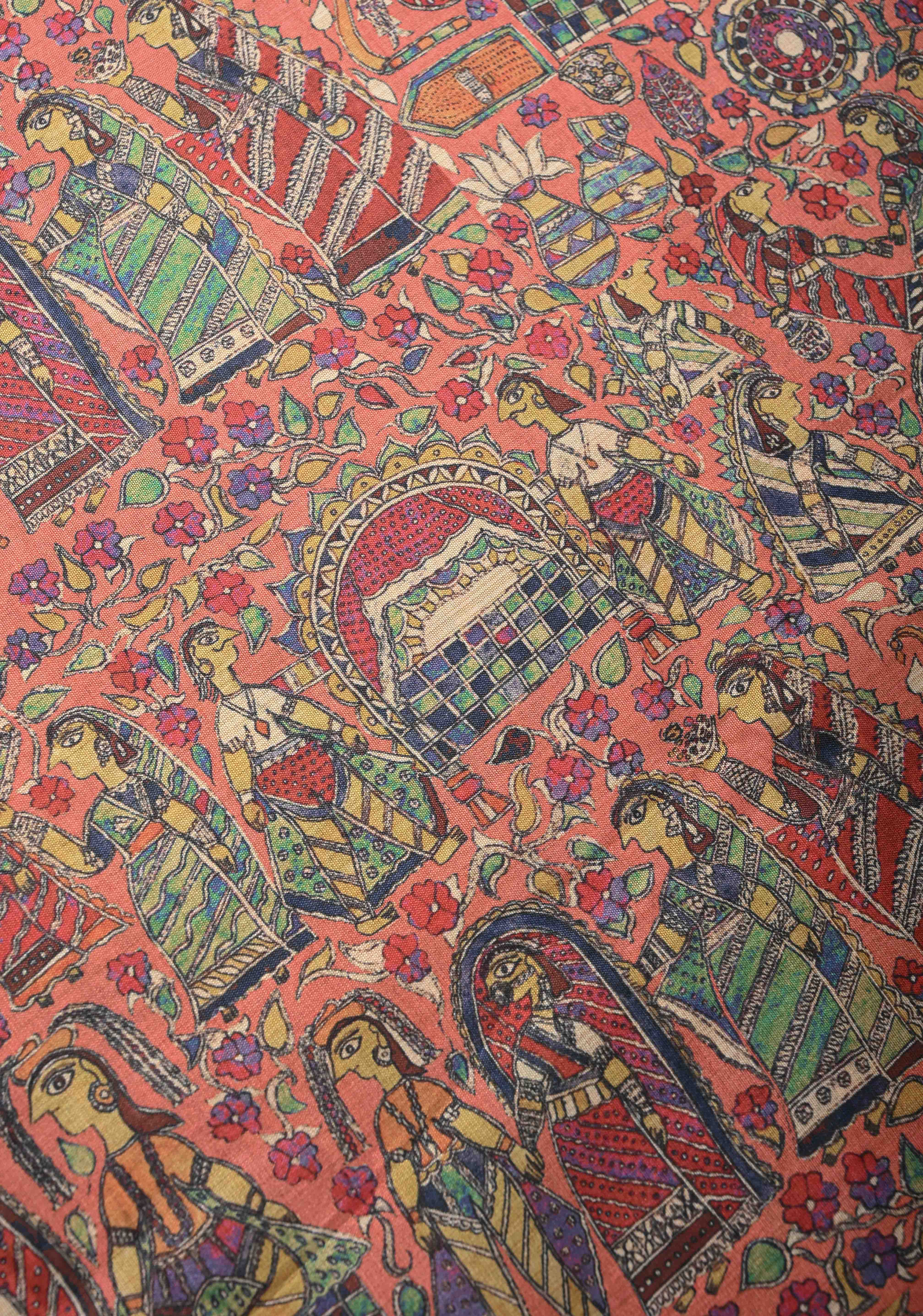 Semi Tussar Silk Saree with Kalamkari Digital Print in Coral | Shobitam