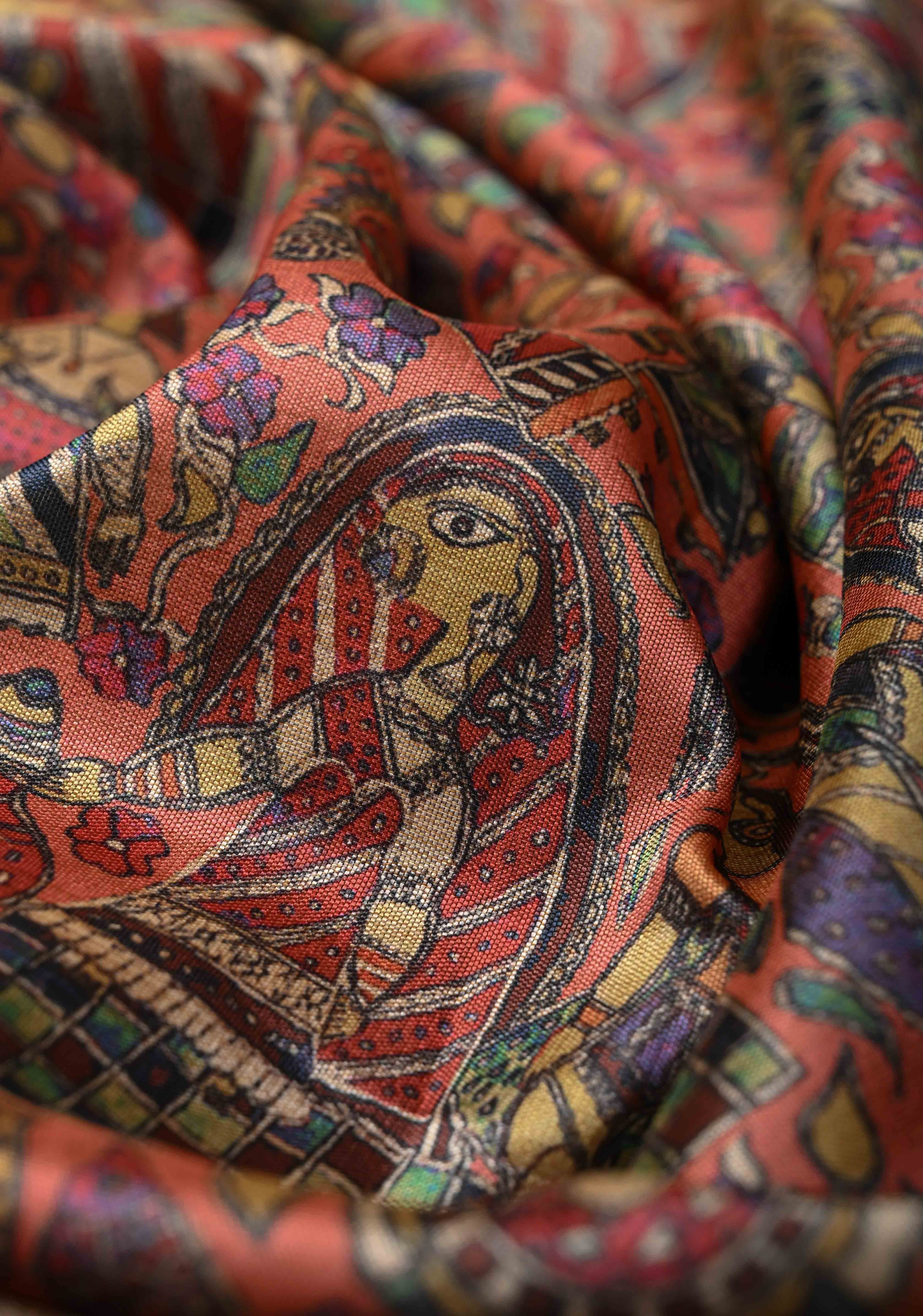 Semi Tussar Silk Saree with Kalamkari Digital Print in Coral | Shobitam