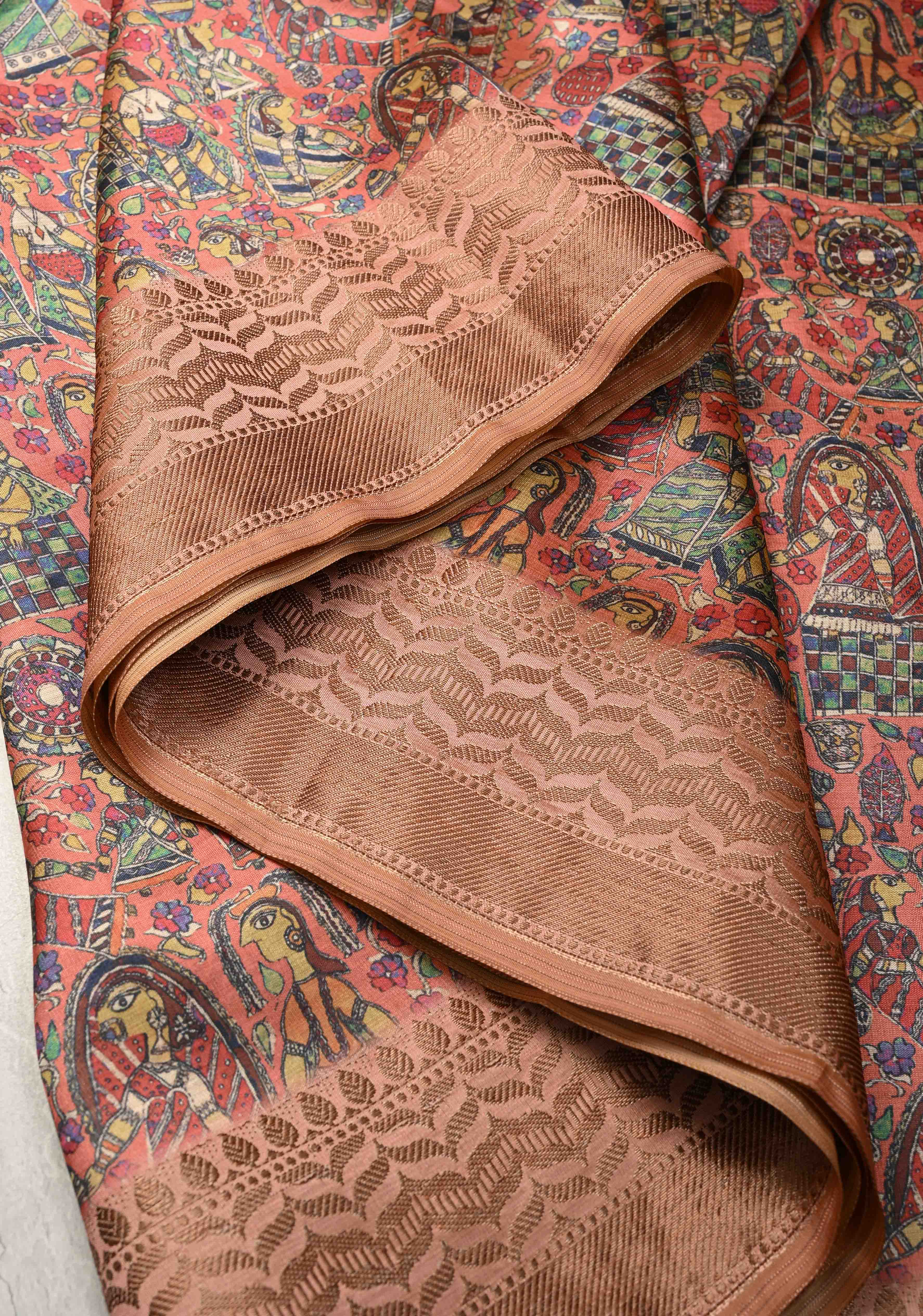 Semi Tussar Silk Saree with Kalamkari Digital Print in Coral | Shobitam