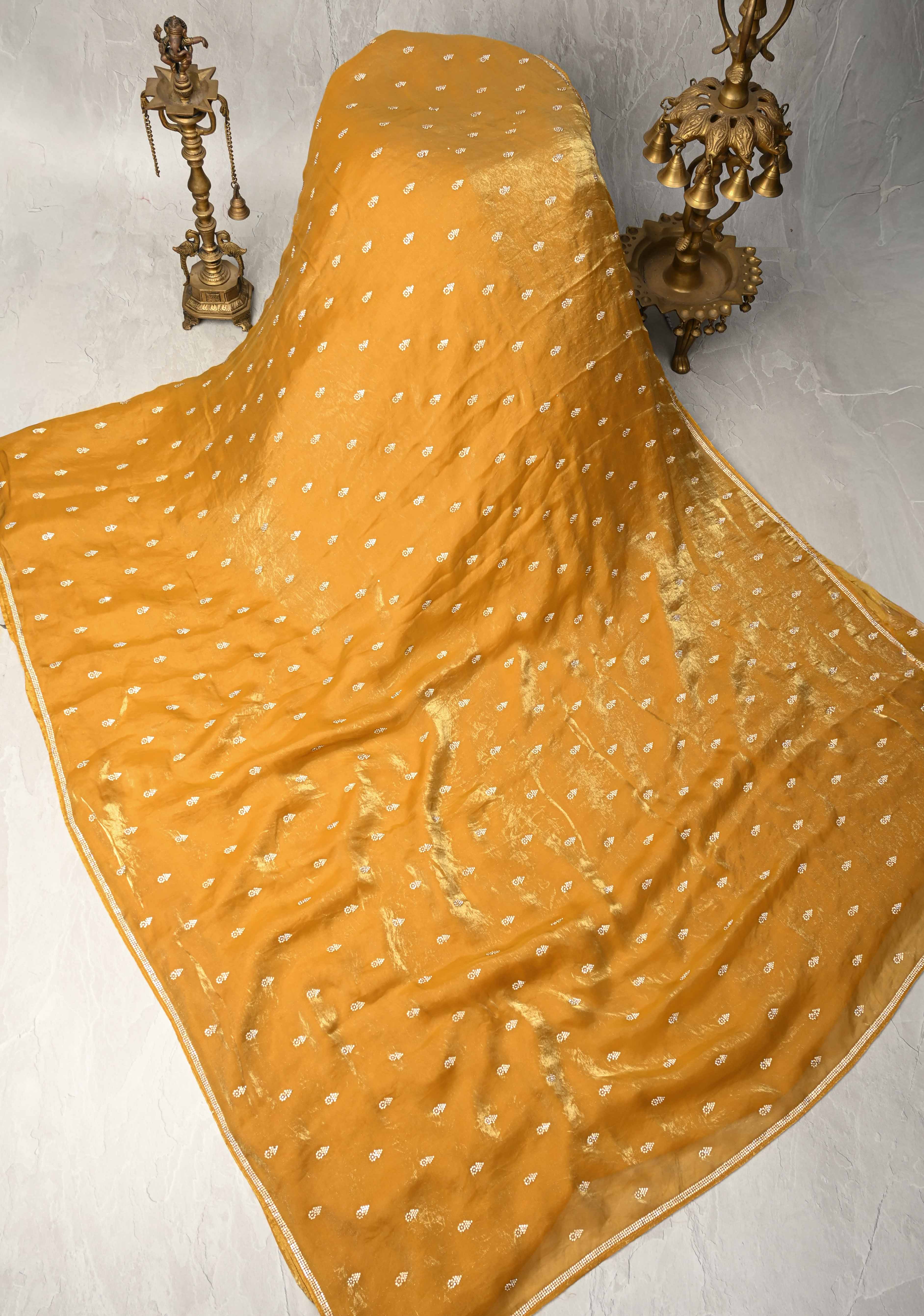 Mustard Yellow Shimmer Georgette Saree with Stone Embellishments and Minimal Border | Shobitam