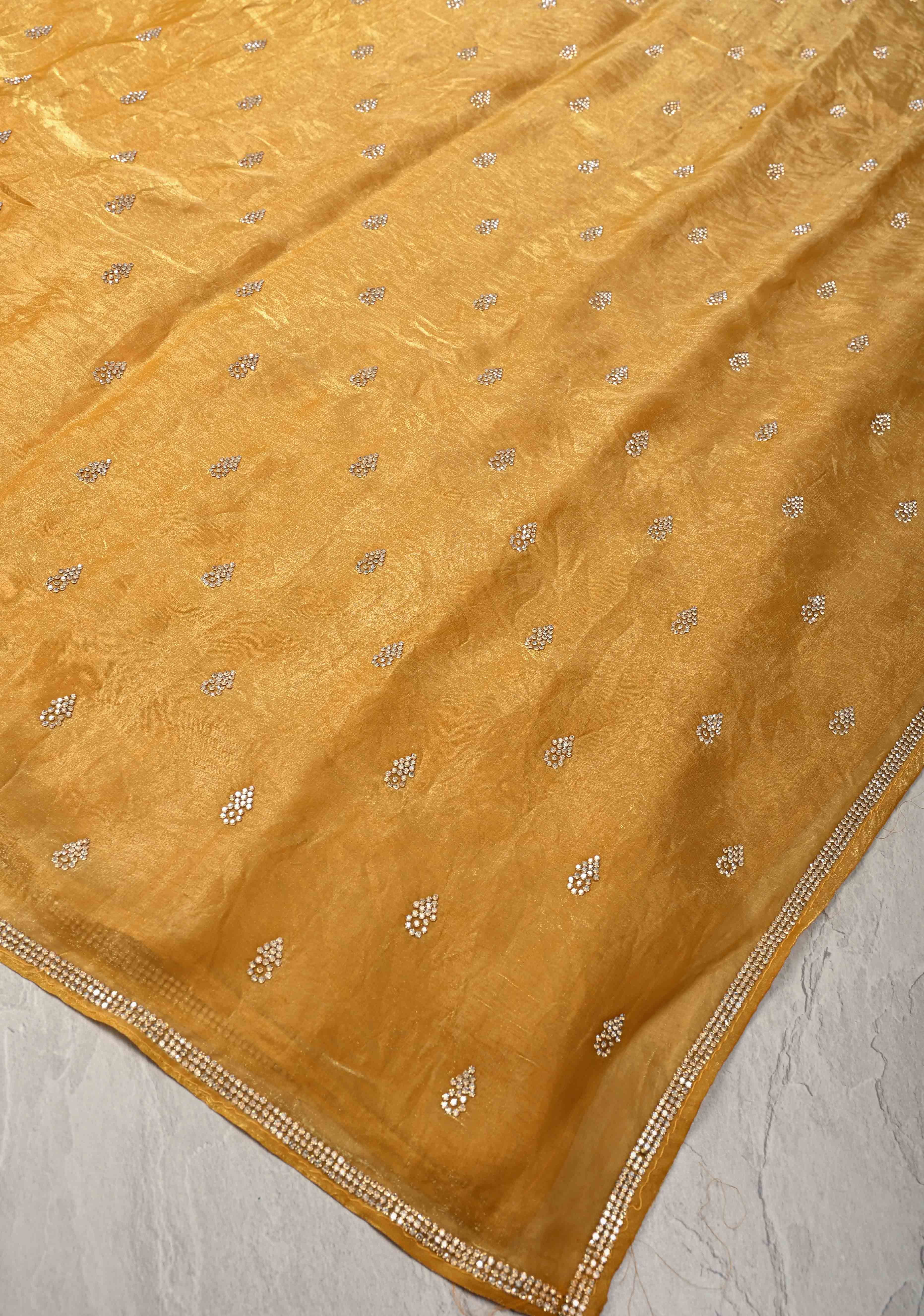 Mustard Yellow Shimmer Georgette Saree with Stone Embellishments and Minimal Border | Shobitam