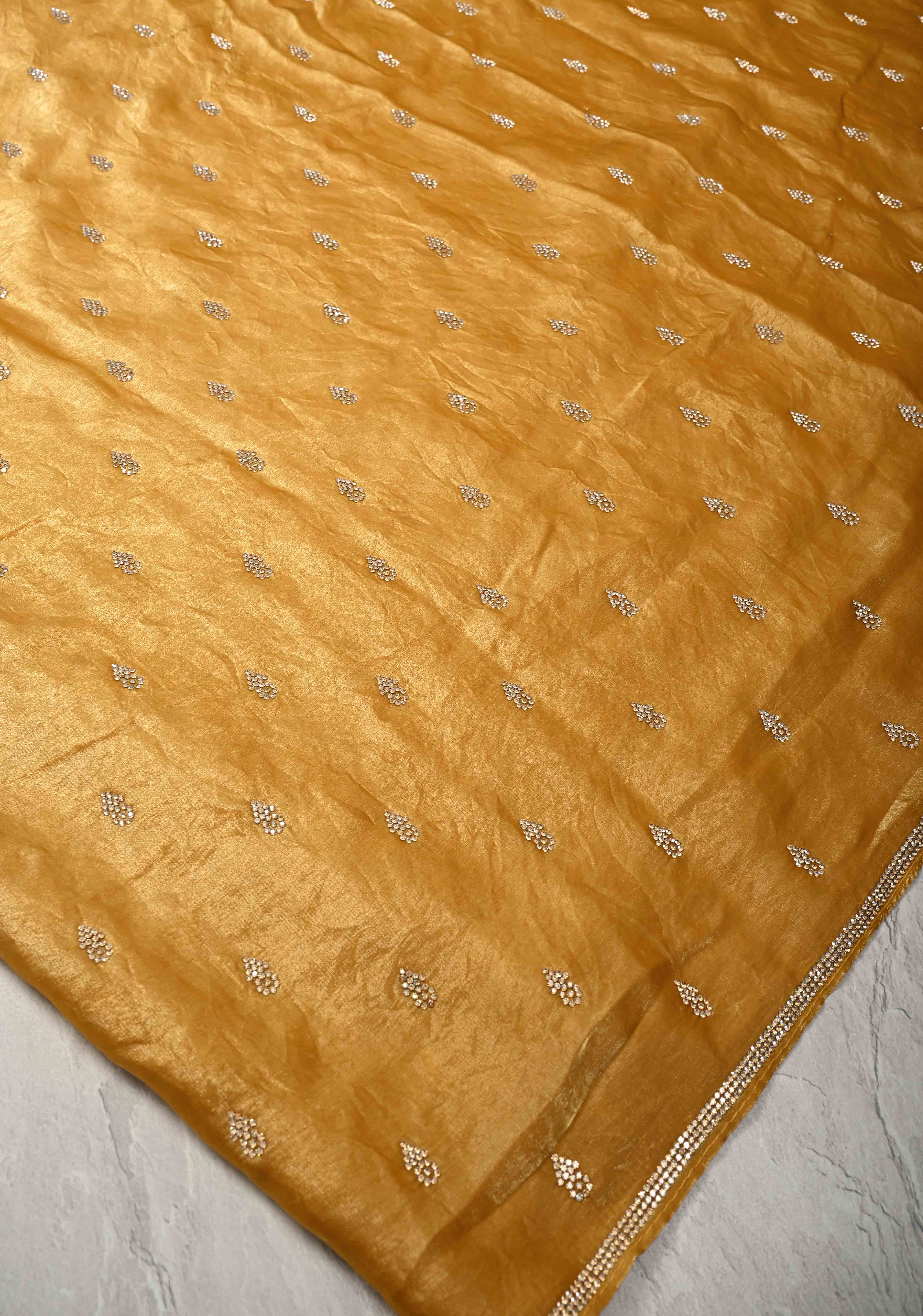 Mustard Yellow Shimmer Georgette Saree with Stone Embellishments and Minimal Border | Shobitam