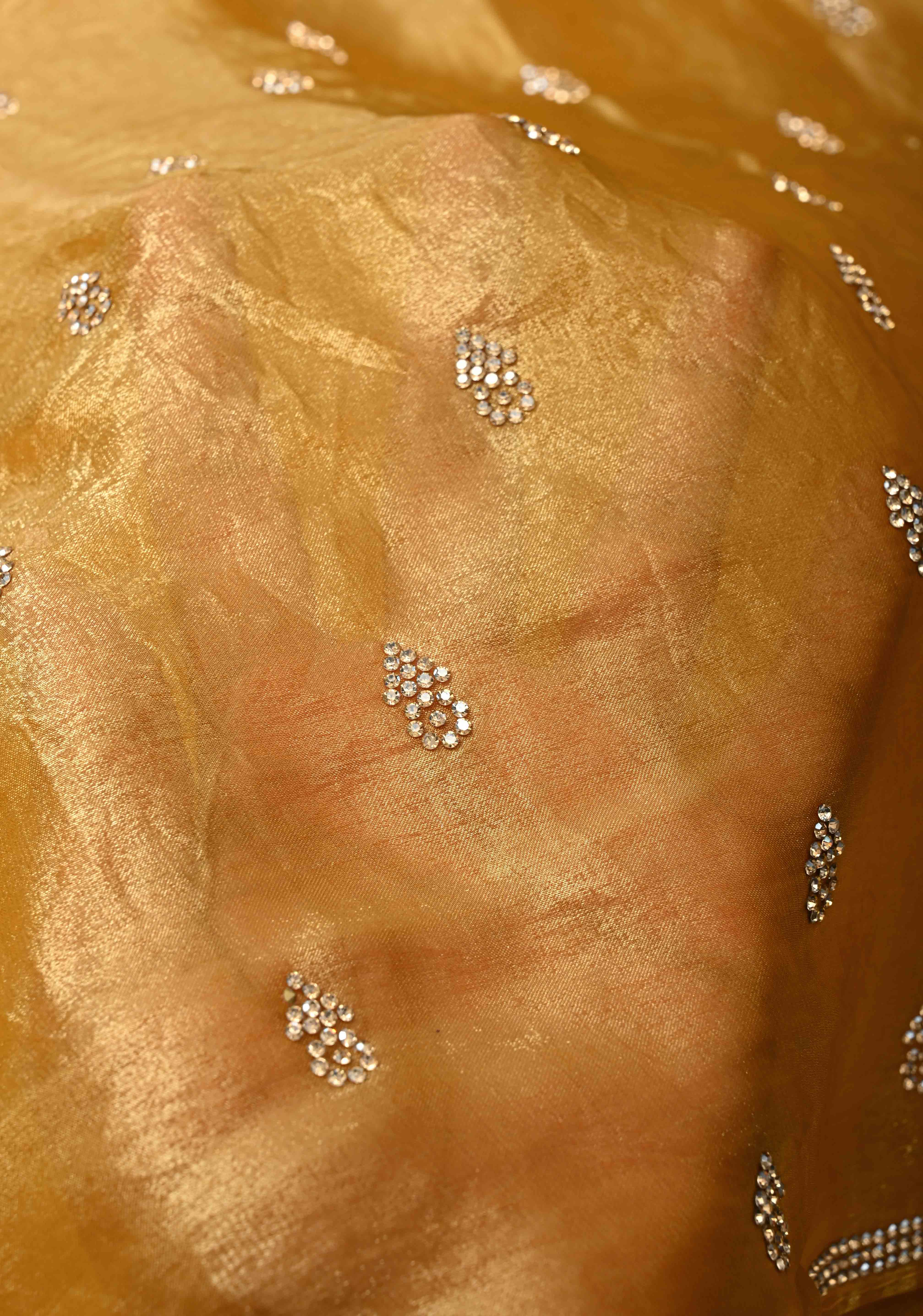 Mustard Yellow Shimmer Georgette Saree with Stone Embellishments and Minimal Border | Shobitam