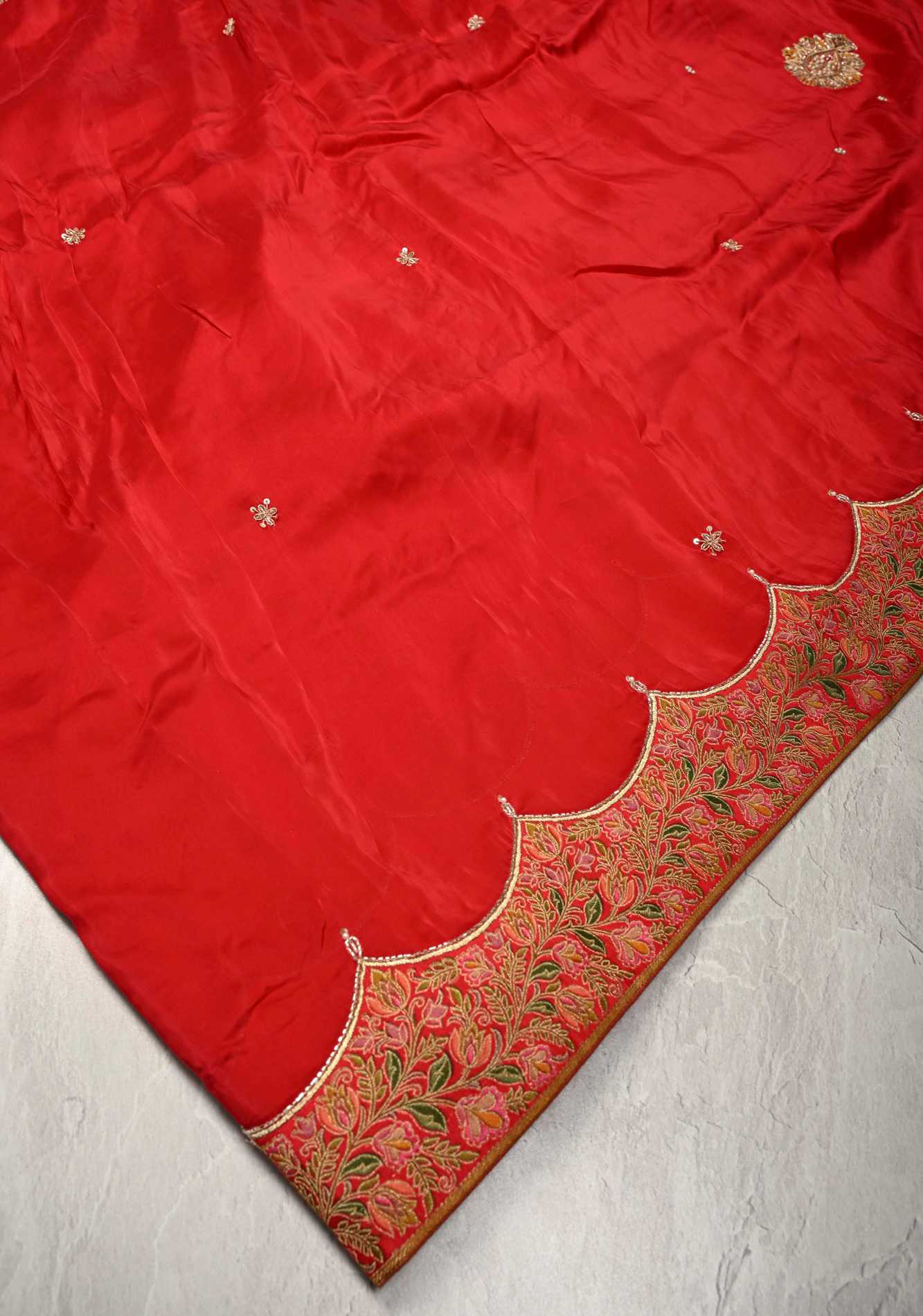 Blood Red Vegan Silk Habutai Saree with Hand Work and Banarasi Scallop Border, No Blouse Piece Ready To Wear Saree