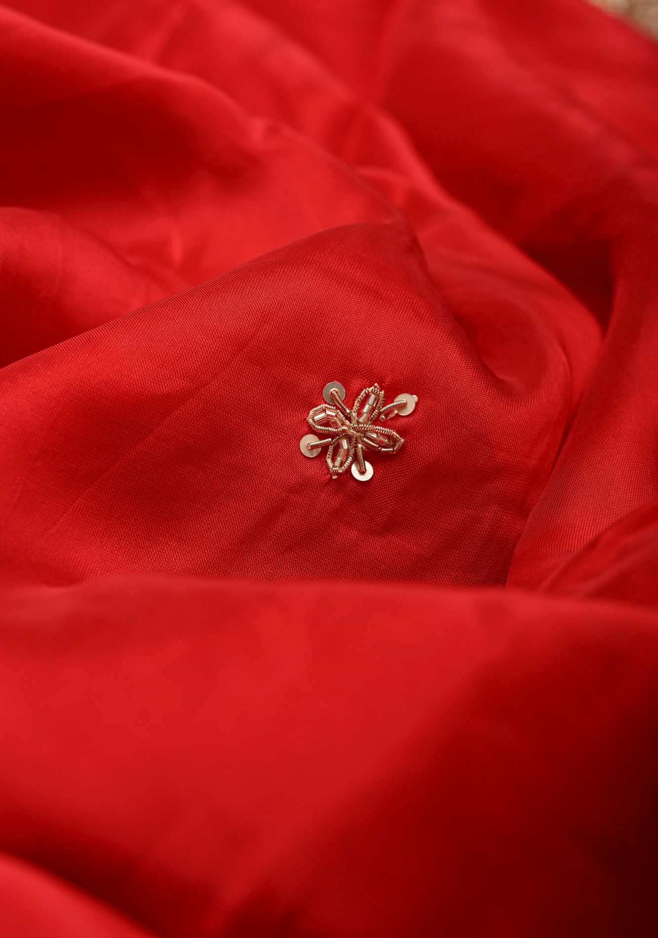 Blood Red Vegan Silk Habutai Saree with Hand Work and Banarasi Scallop Border, No Blouse Piece Ready To Wear Saree