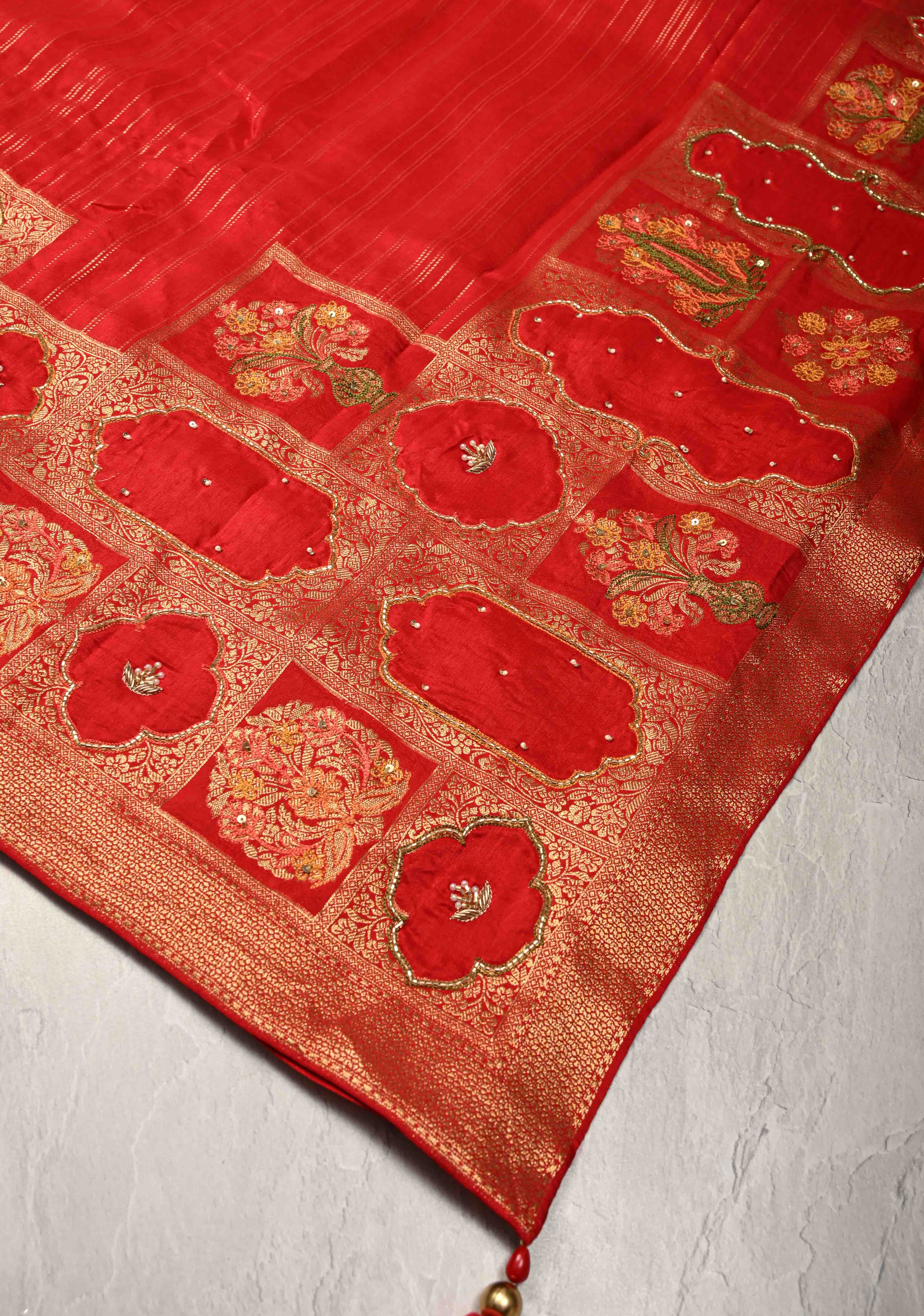 Bright Red Vegan Soft Silk Saree with Jharokha-Inspired Pattern Border | SHOBITAM