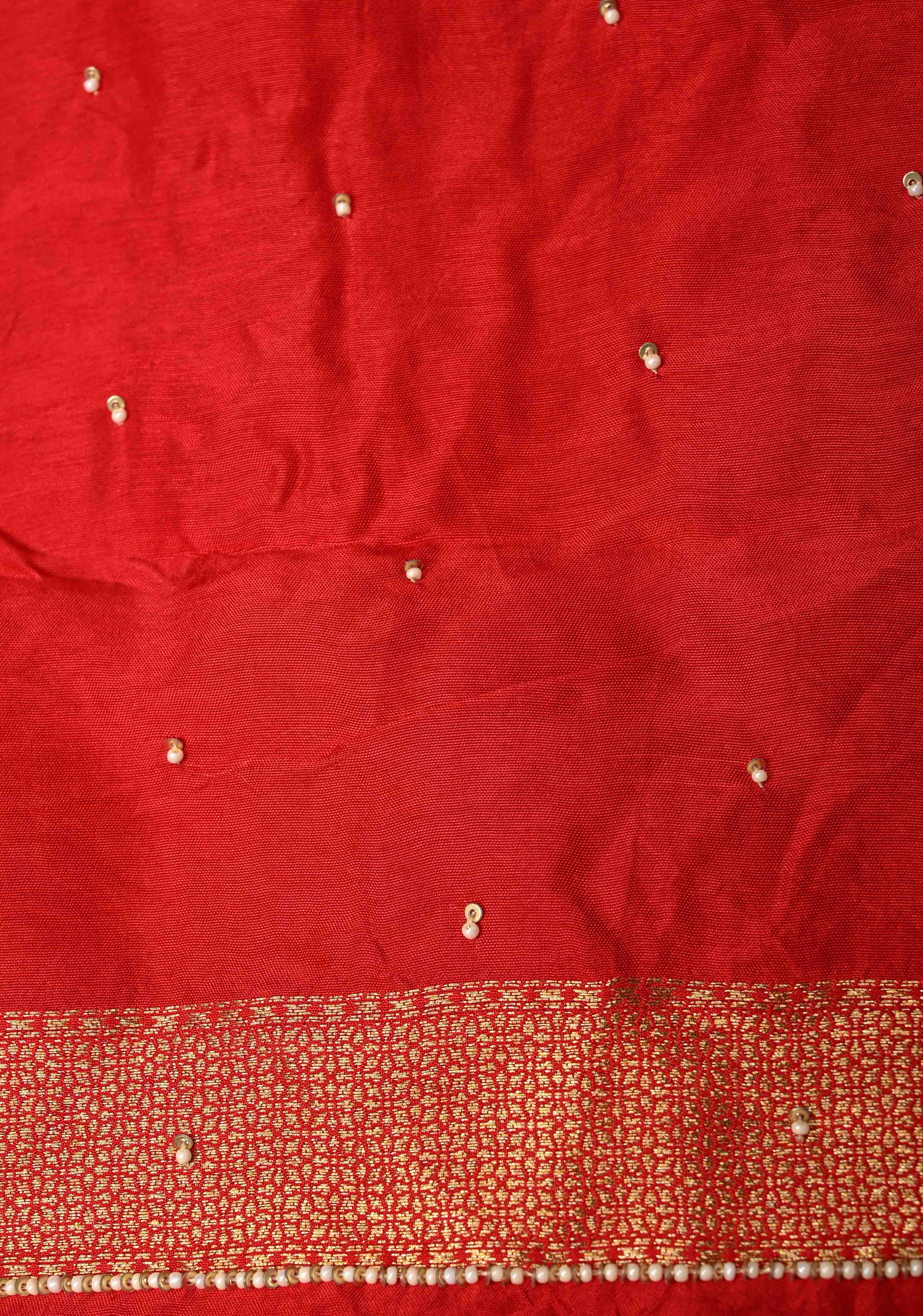 Bright Red Vegan Soft Silk Saree with Jharokha-Inspired Pattern Border | SHOBITAM