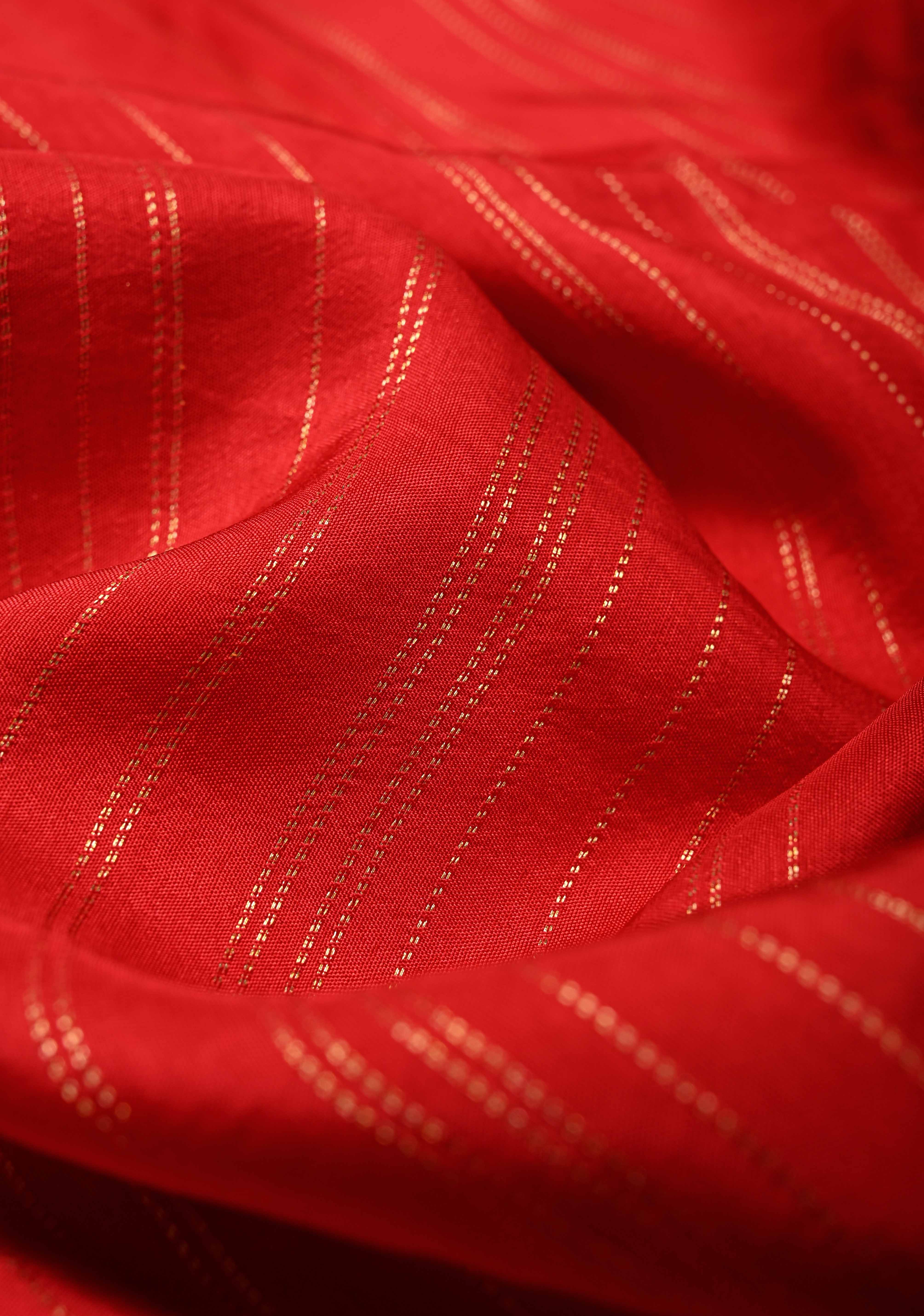 Bright Red Vegan Soft Silk Saree with Jharokha-Inspired Pattern Border | SHOBITAM