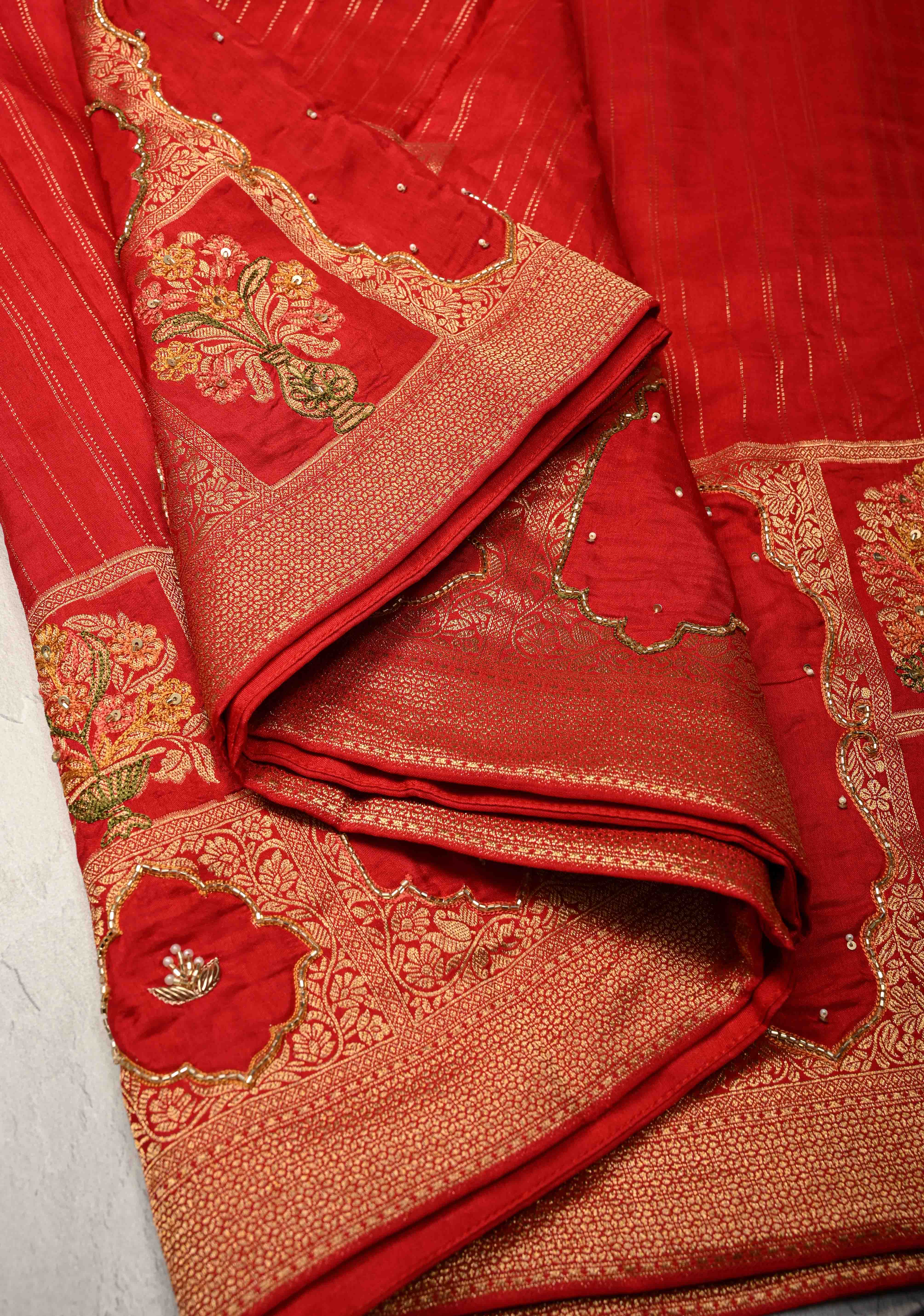 Bright Red Vegan Soft Silk Saree with Jharokha-Inspired Pattern Border | SHOBITAM