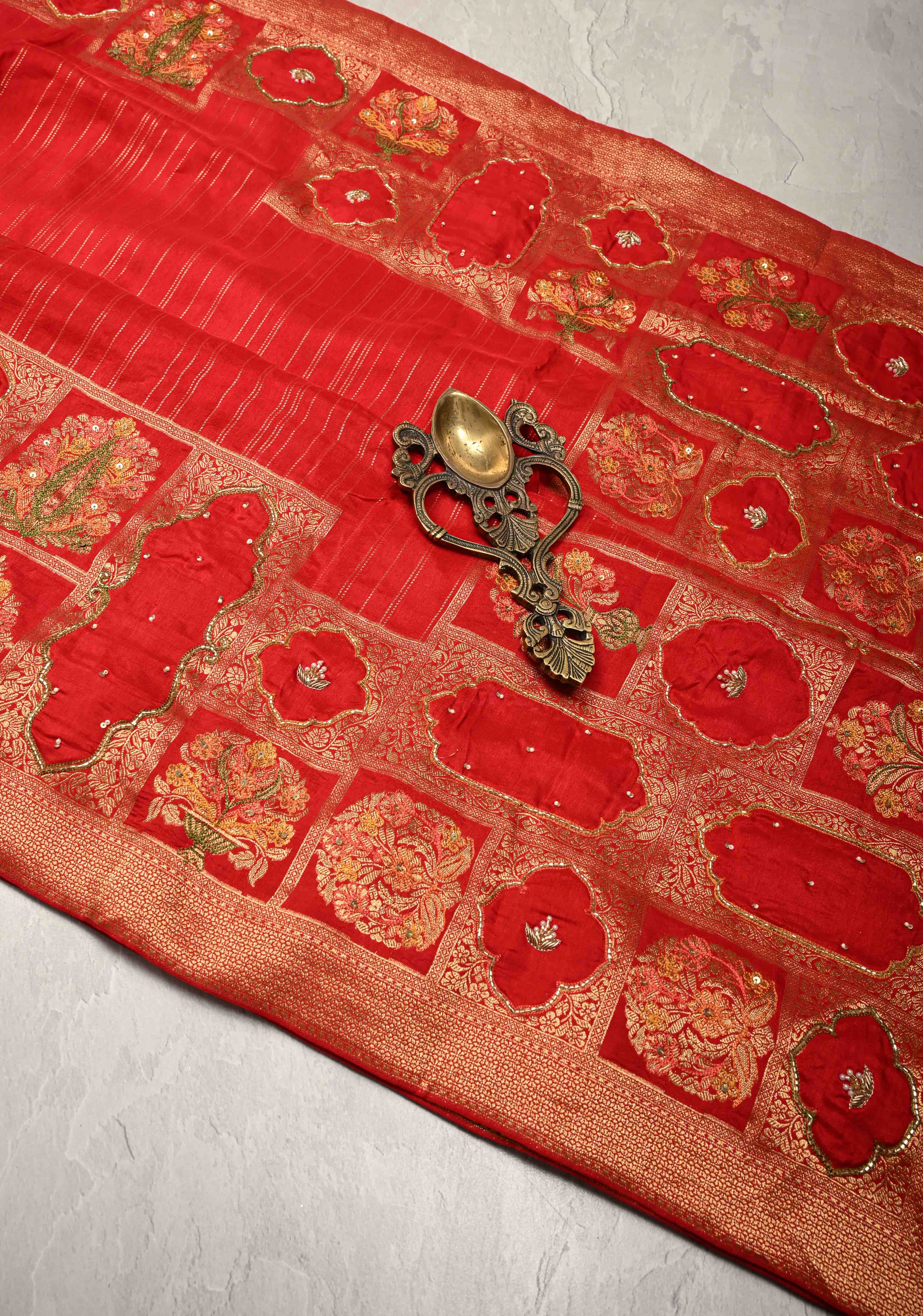 Bright Red Vegan Soft Silk Saree with Jharokha-Inspired Pattern Border