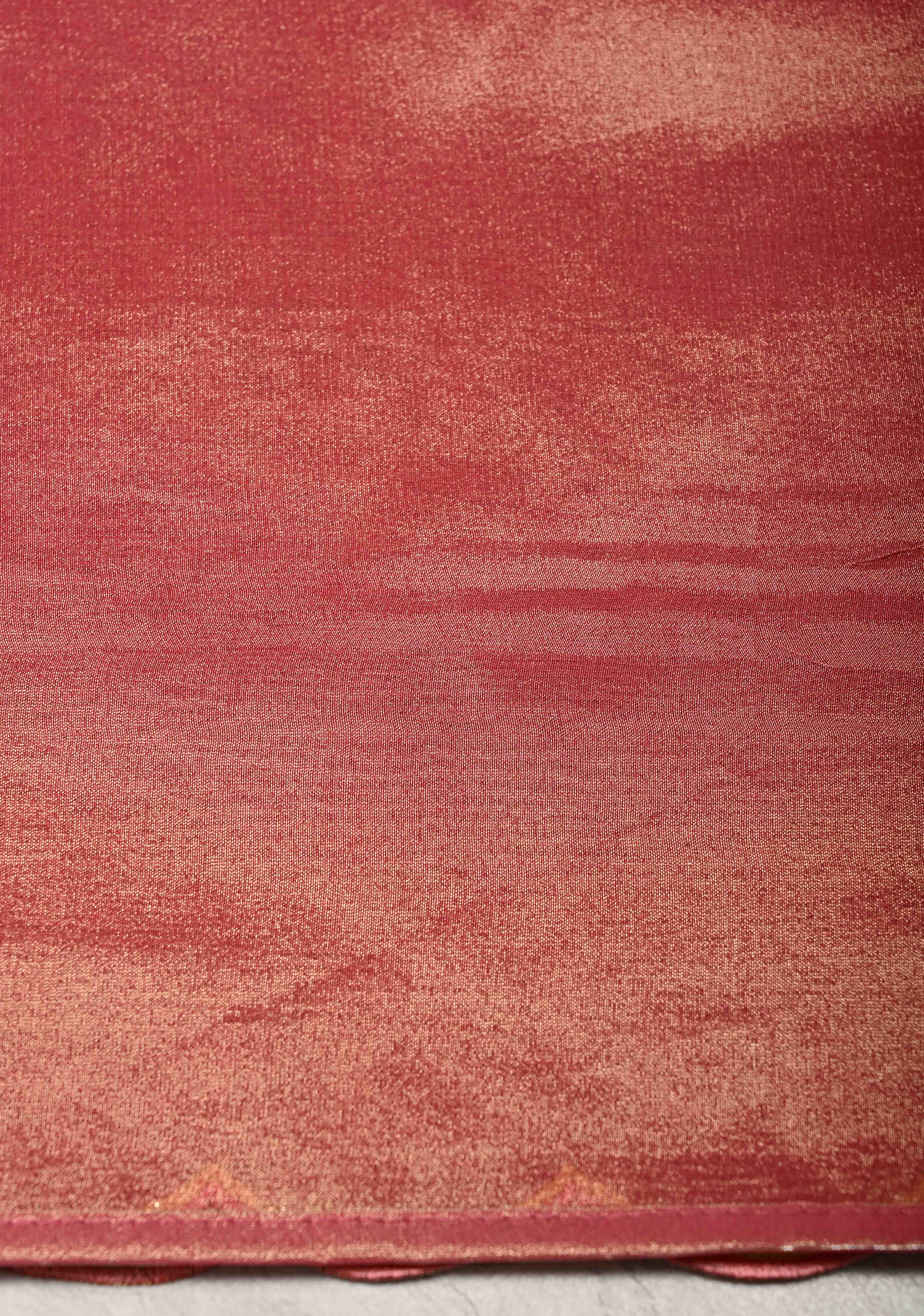 Rose Pink Vegan Organza Tissue Saree with Applique-Moti, Sequins Hand Embroidery and Scallop Border | Shobitam