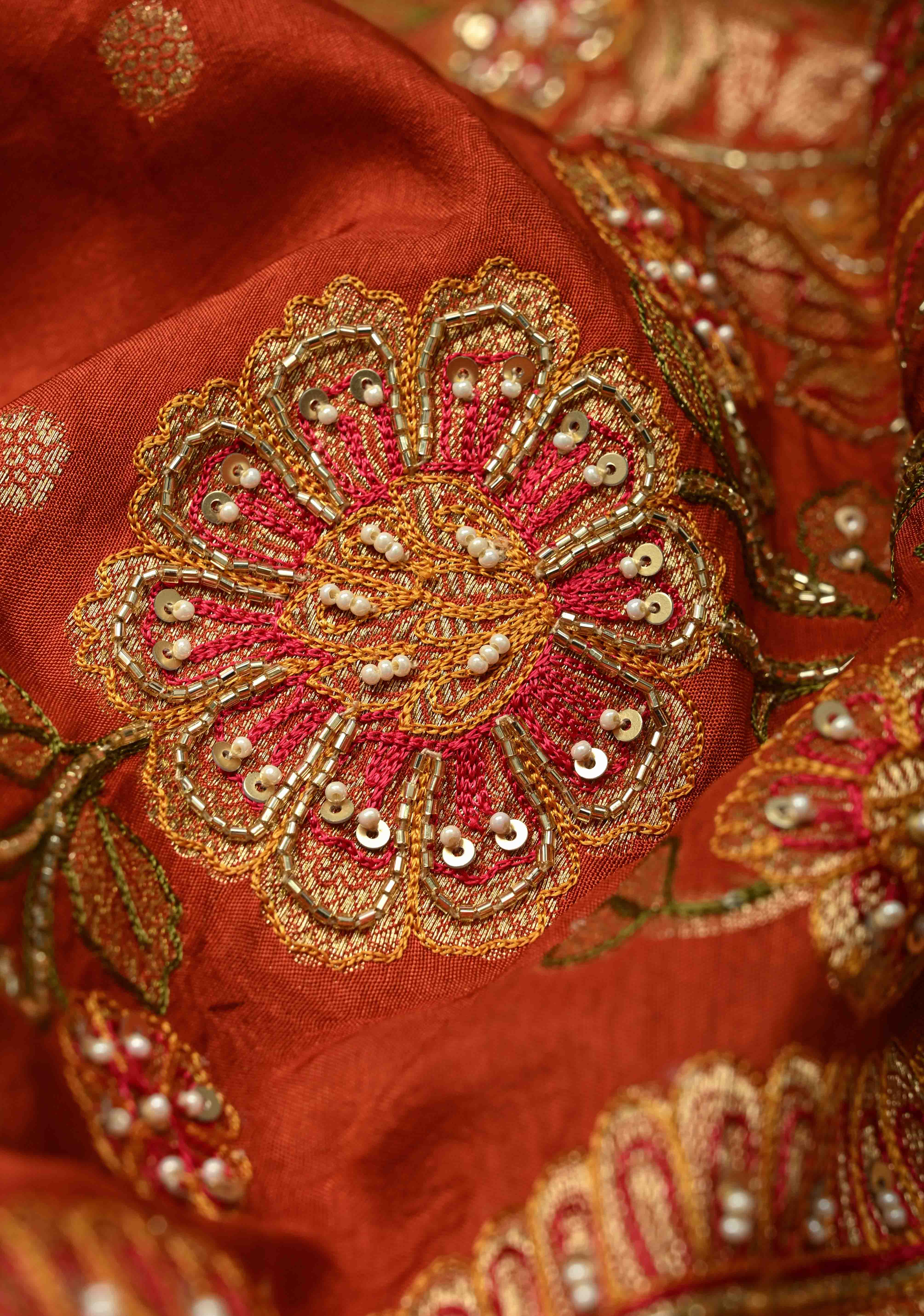 Burnt Orange Vegan Soft Silk prestitched Saree with Paisley Motifs- Moti, Cutdana work and Zari Border Ready to Wear Saree