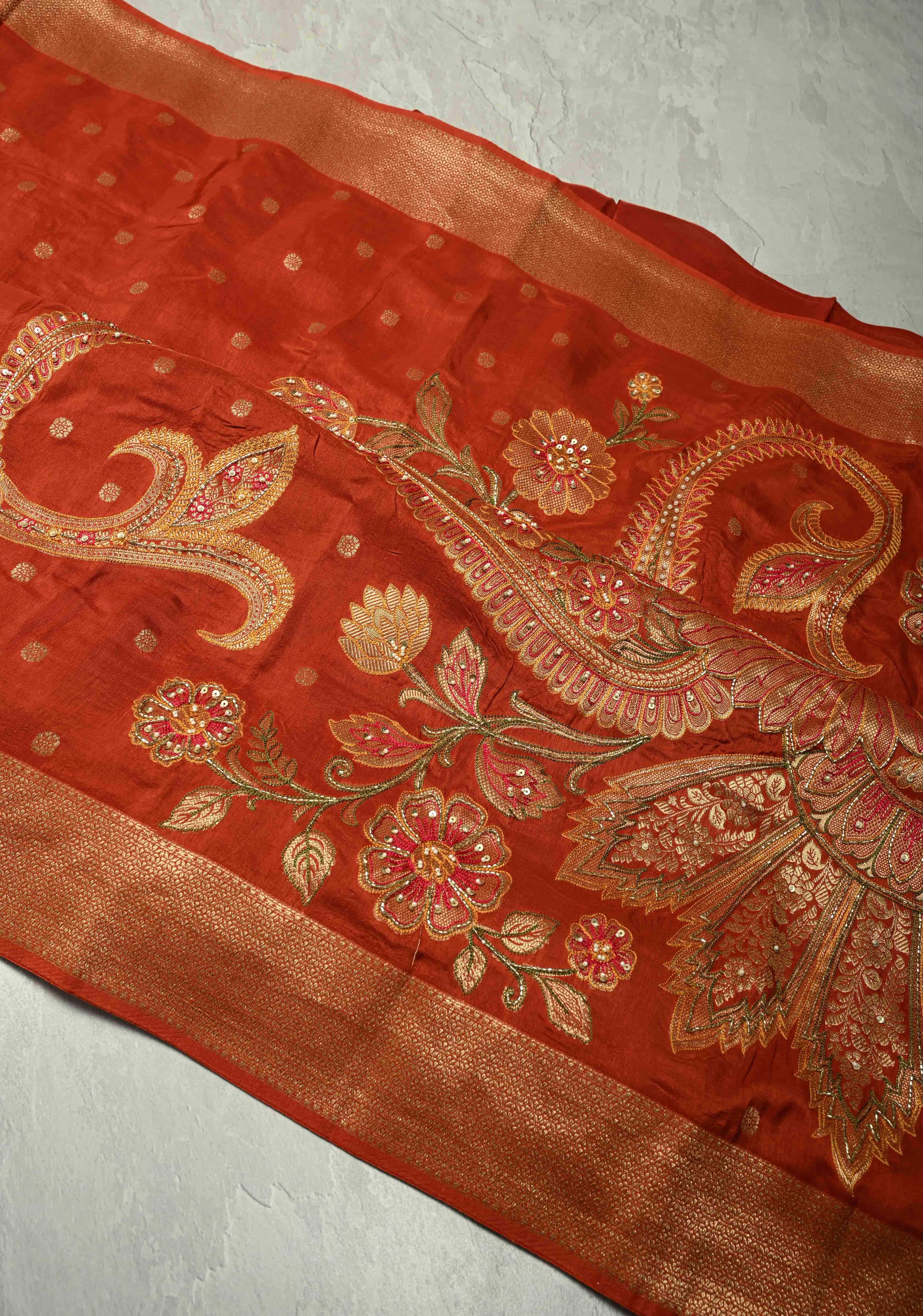 Burnt Orange Vegan Soft Silk prestitched Saree with Paisley Motifs- Moti, Cutdana work and Zari Border Ready to Wear Saree
