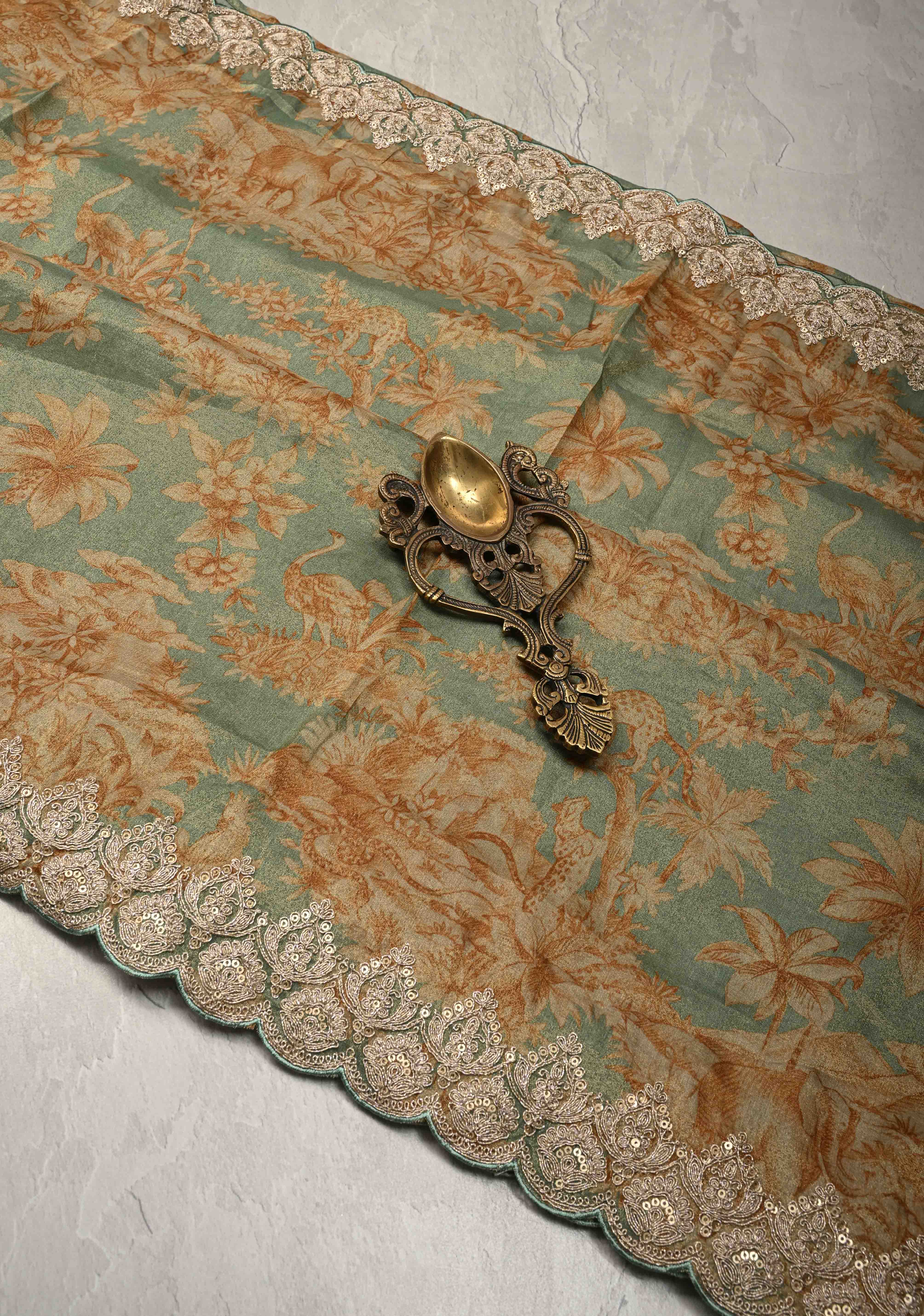 Dusty Sage Green Vegan Silk Viscose Tissue Saree with Printed Floral Pattern and Antique Gold Embroidery Scallop Border | Shobitam