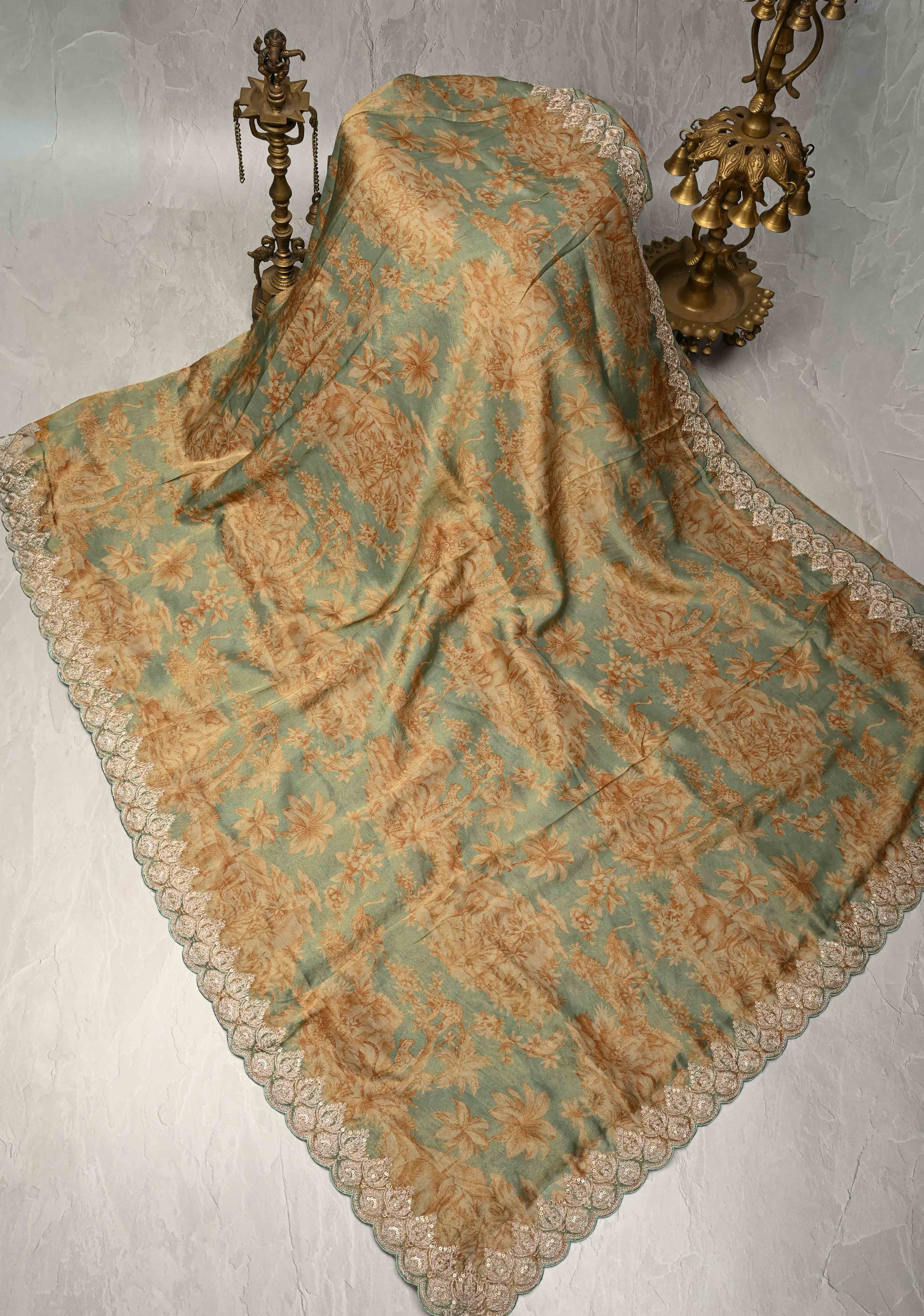 Dusty Sage Green Vegan Silk Viscose Tissue Saree with Printed Floral Pattern and Antique Gold Embroidery Scallop Border | Shobitam