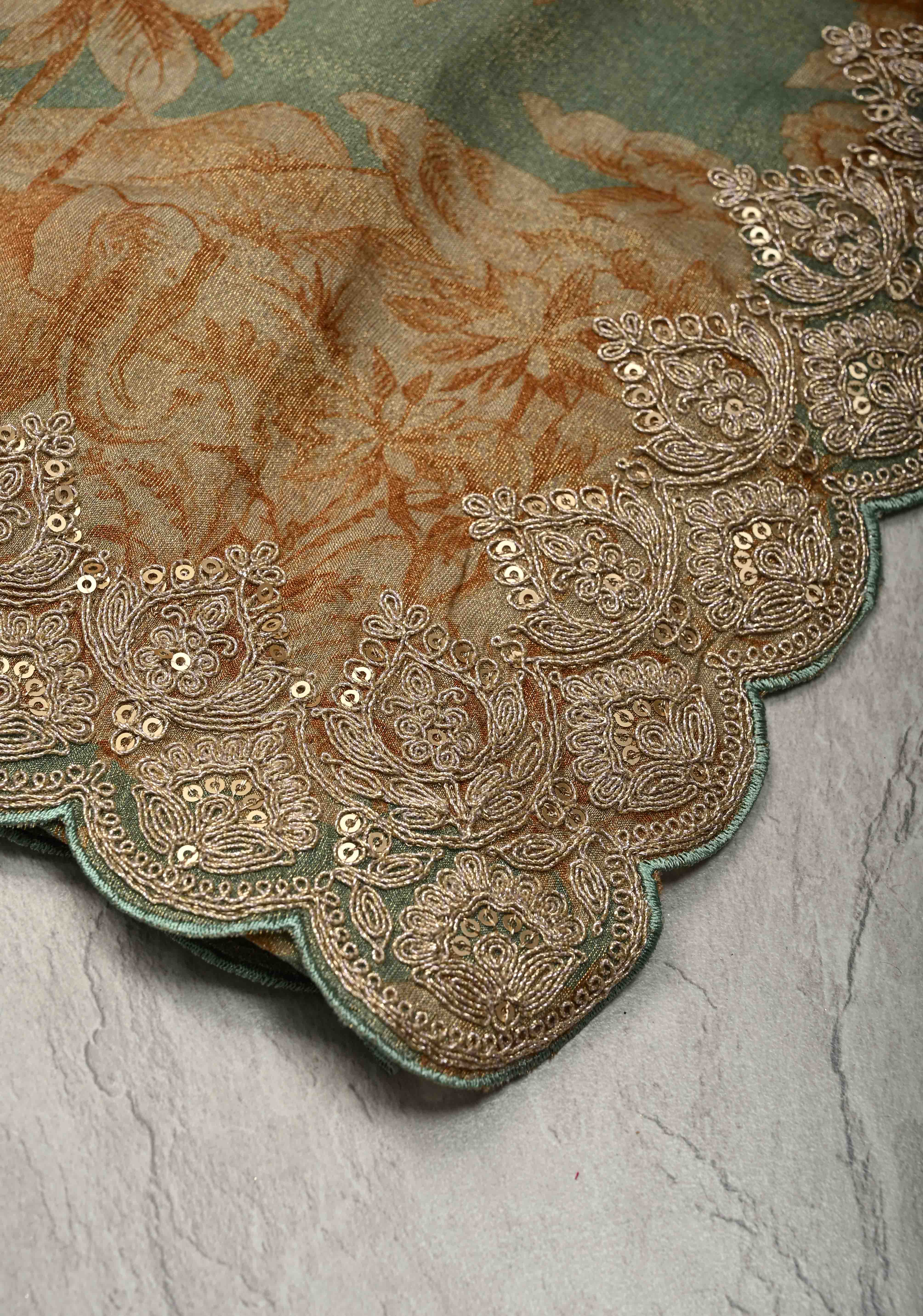 Dusty Sage Green Vegan Silk Viscose Tissue Saree with Printed Floral Pattern and Antique Gold Embroidery Scallop Border | Shobitam