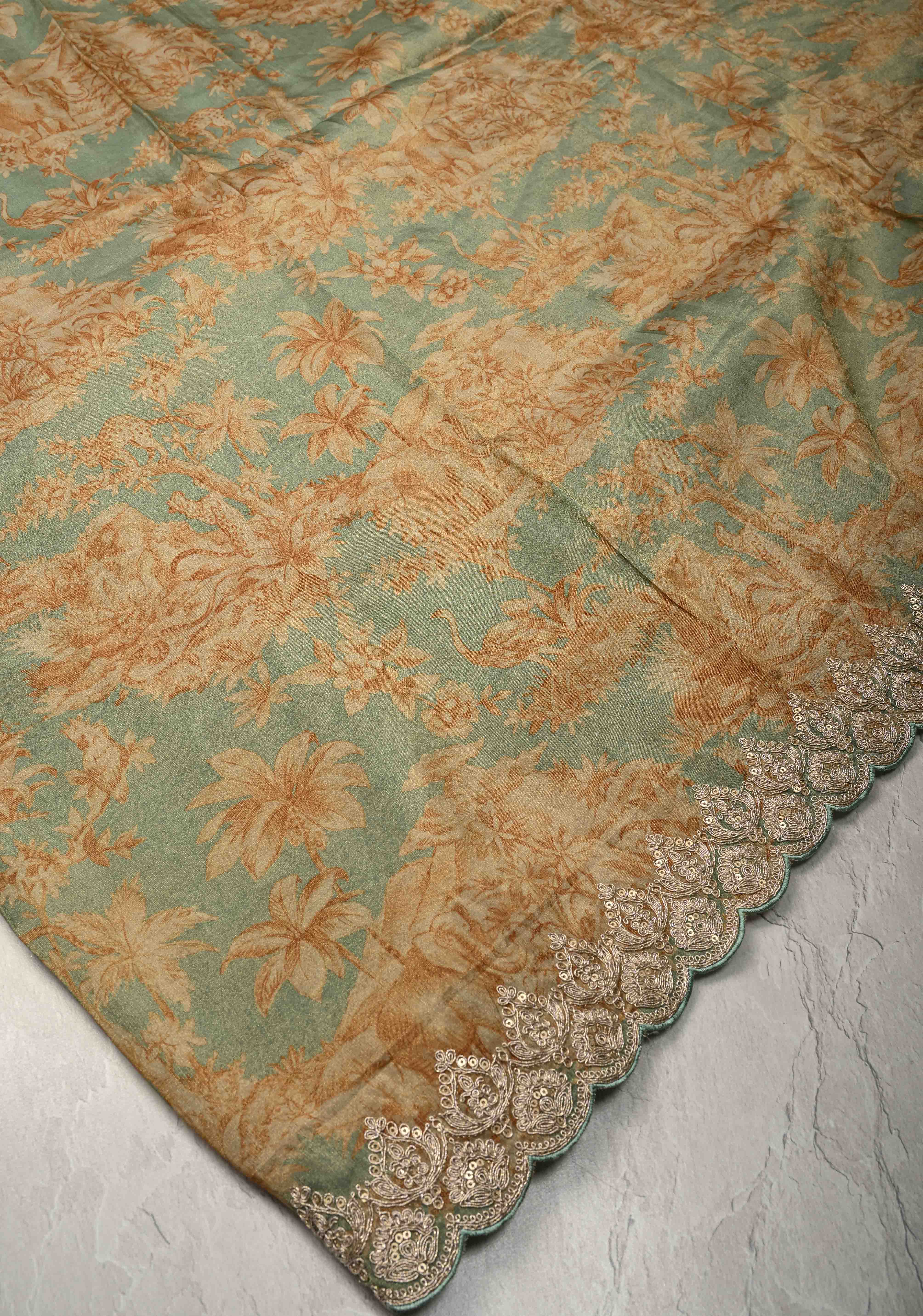 Dusty Sage Green Vegan Silk Viscose Tissue Saree with Printed Floral Pattern and Antique Gold Embroidery Scallop Border | Shobitam