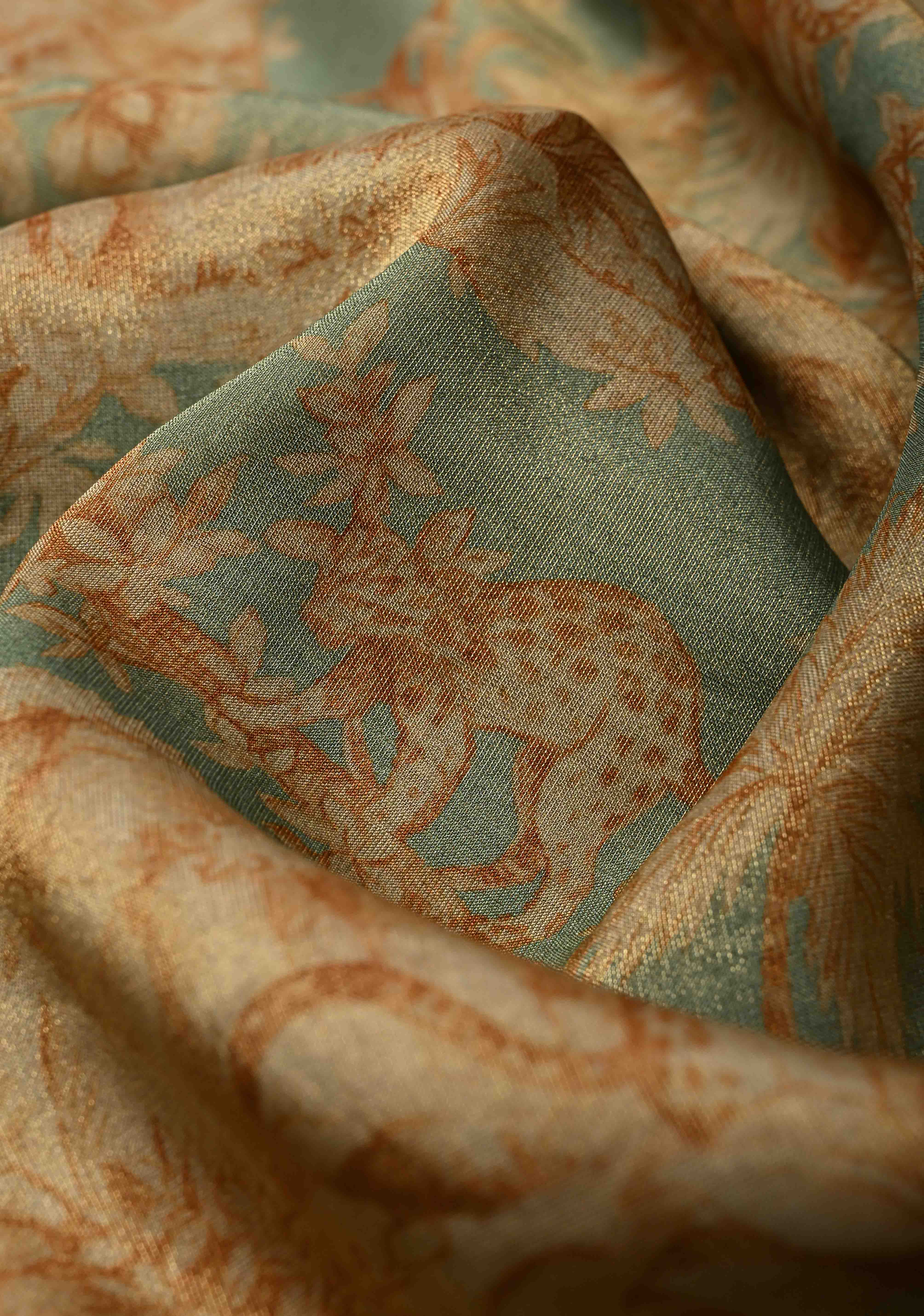 Dusty Sage Green Vegan Silk Viscose Tissue Saree with Printed Floral Pattern and Antique Gold Embroidery Scallop Border | Shobitam