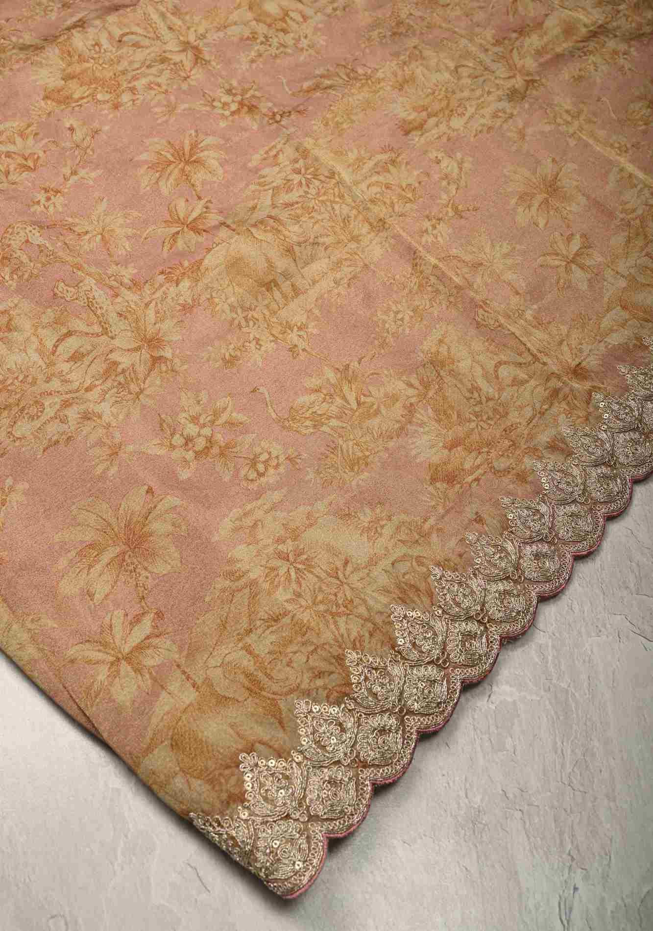 Dusty Rose Vegan Viscose Tissue prestitched Saree with Printed Toile Pattern and Cord Pitta Embroidery Scallop Border, No Blouse Piece Ready to Wear Saree