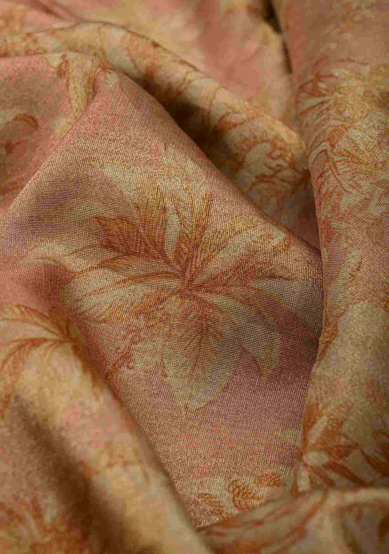Dusty Rose Vegan Viscose Tissue prestitched Saree with Printed Toile Pattern and Cord Pitta Embroidery Scallop Border, No Blouse Piece Ready to Wear Saree