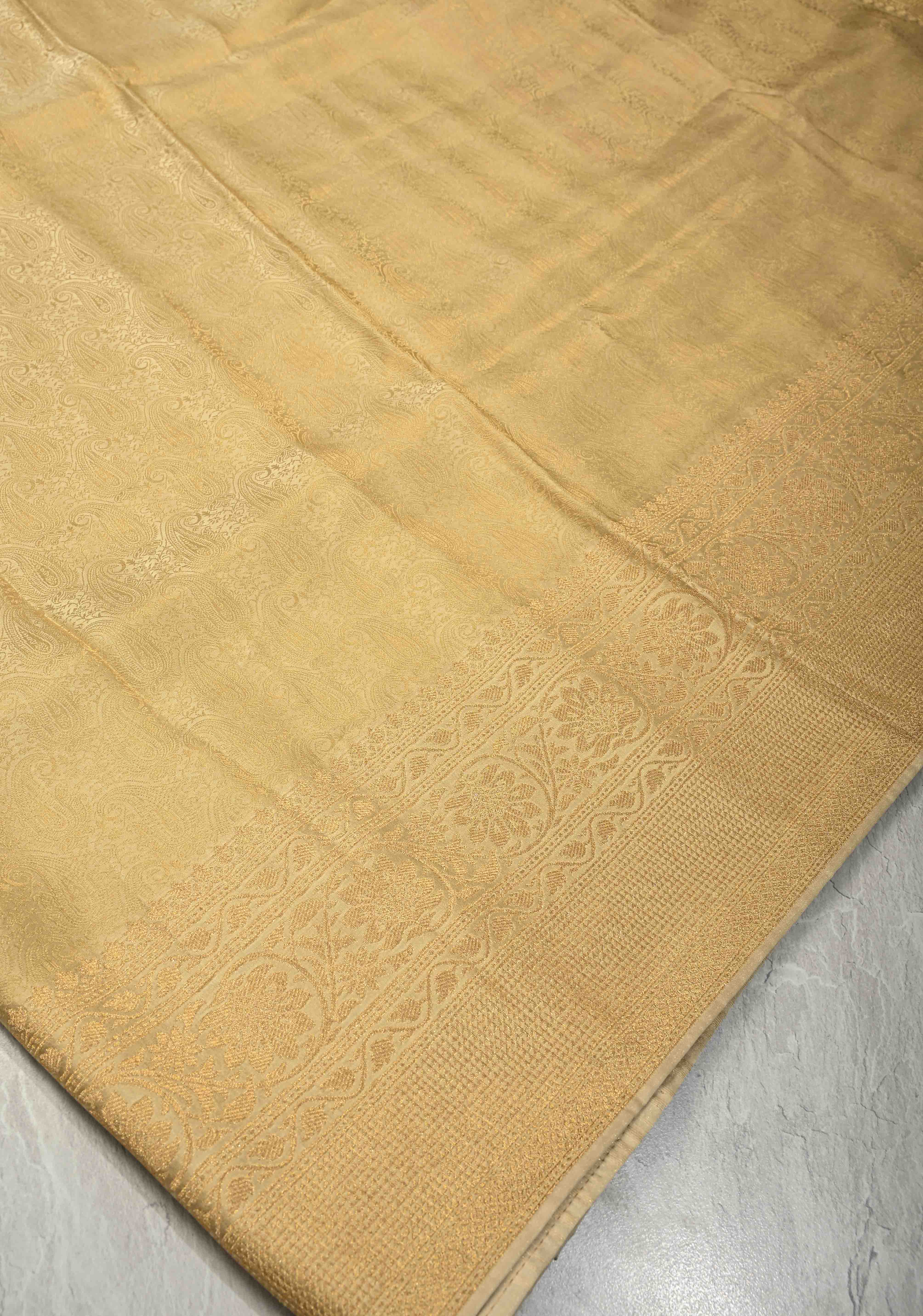 Beige Vegan Viscose Silk Saree with Paisley Brocade and Zari Border | Shobitam