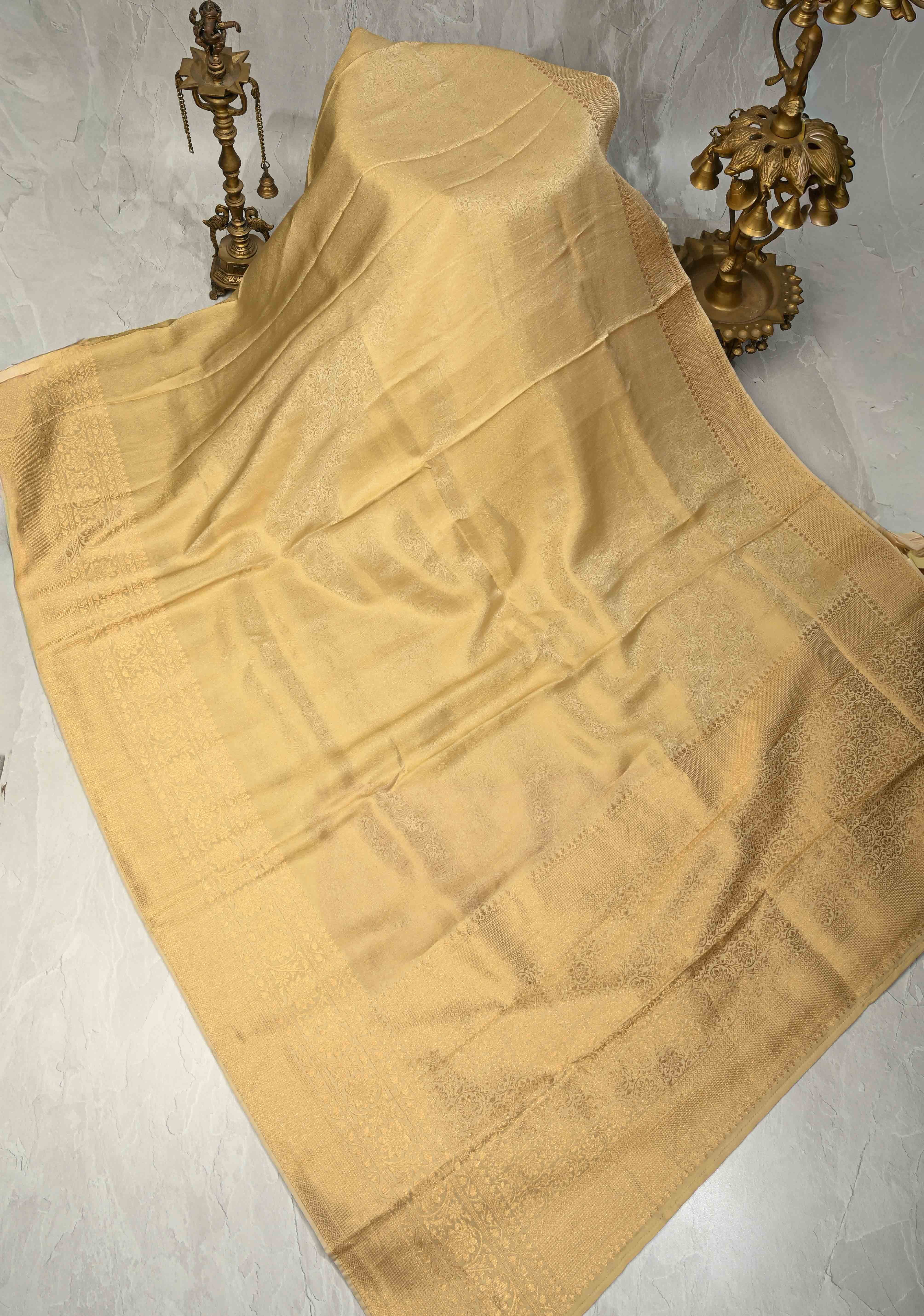 Beige Vegan Viscose Silk Saree with Paisley Brocade and Zari Border | Shobitam