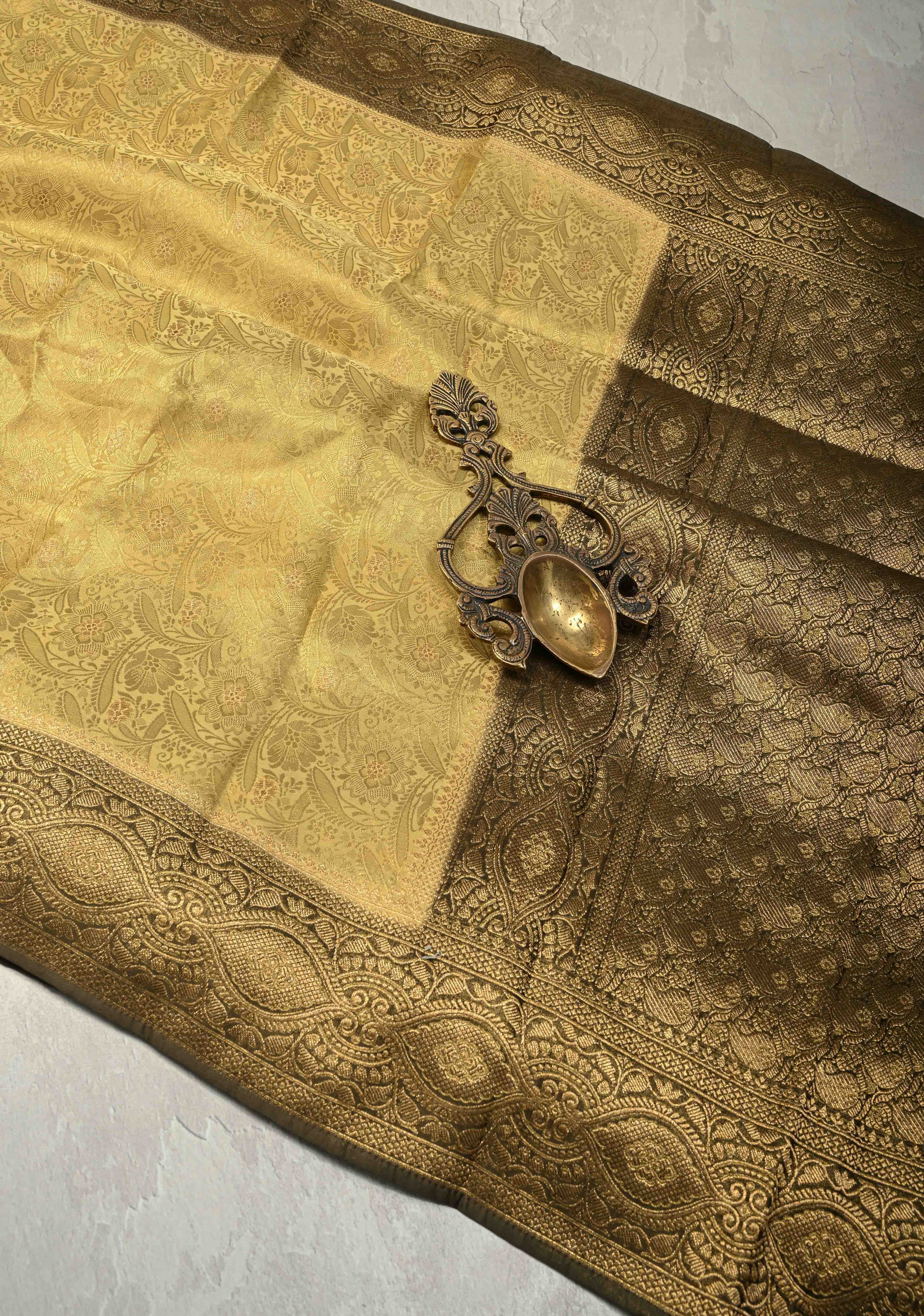 Butter Yellow Floral Brocade Vegan Viscose Silk Saree with Contrast Zari Border | Shobitam