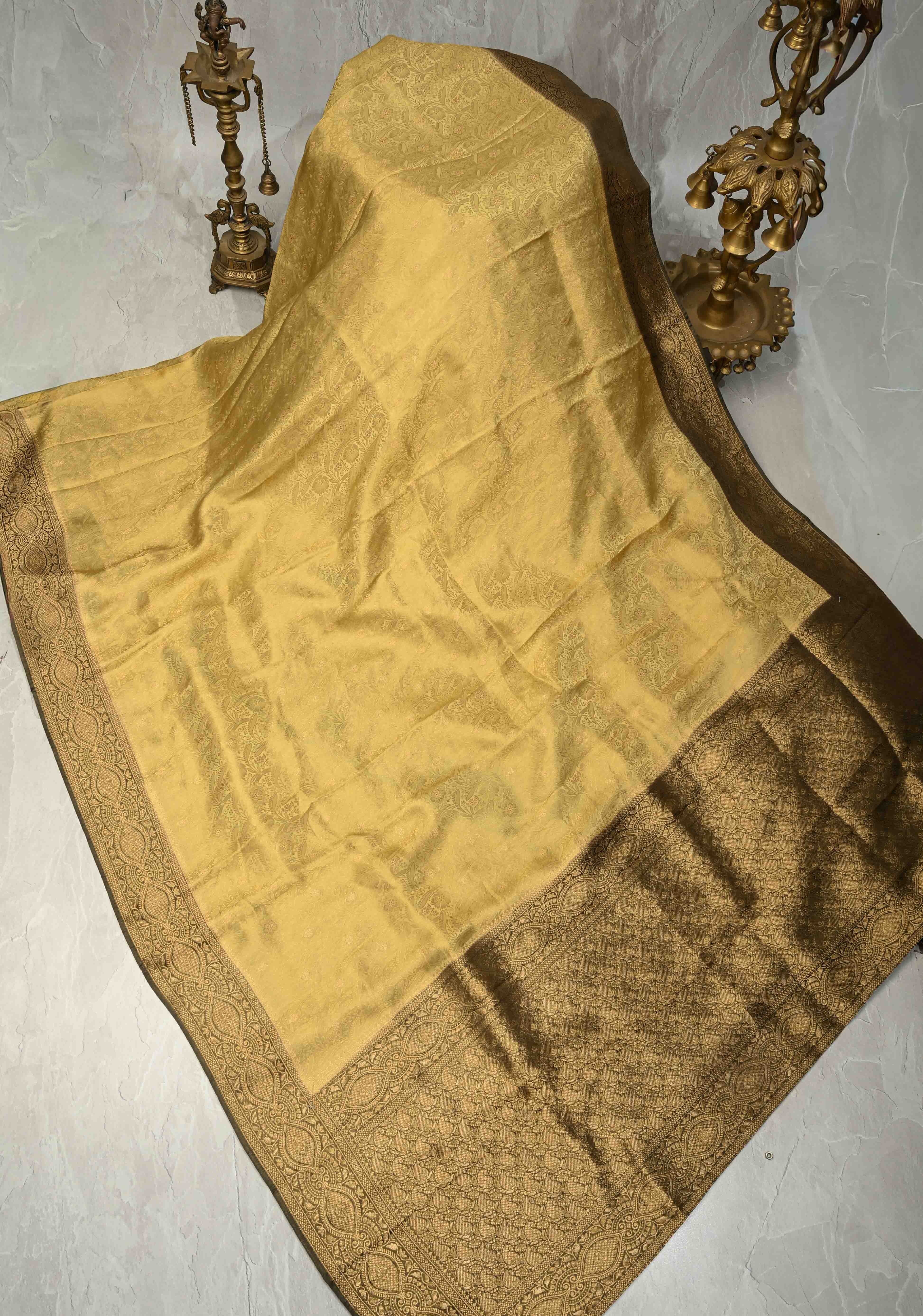 Butter Yellow Floral Brocade Vegan Viscose Silk Saree with Contrast Zari Border | Shobitam
