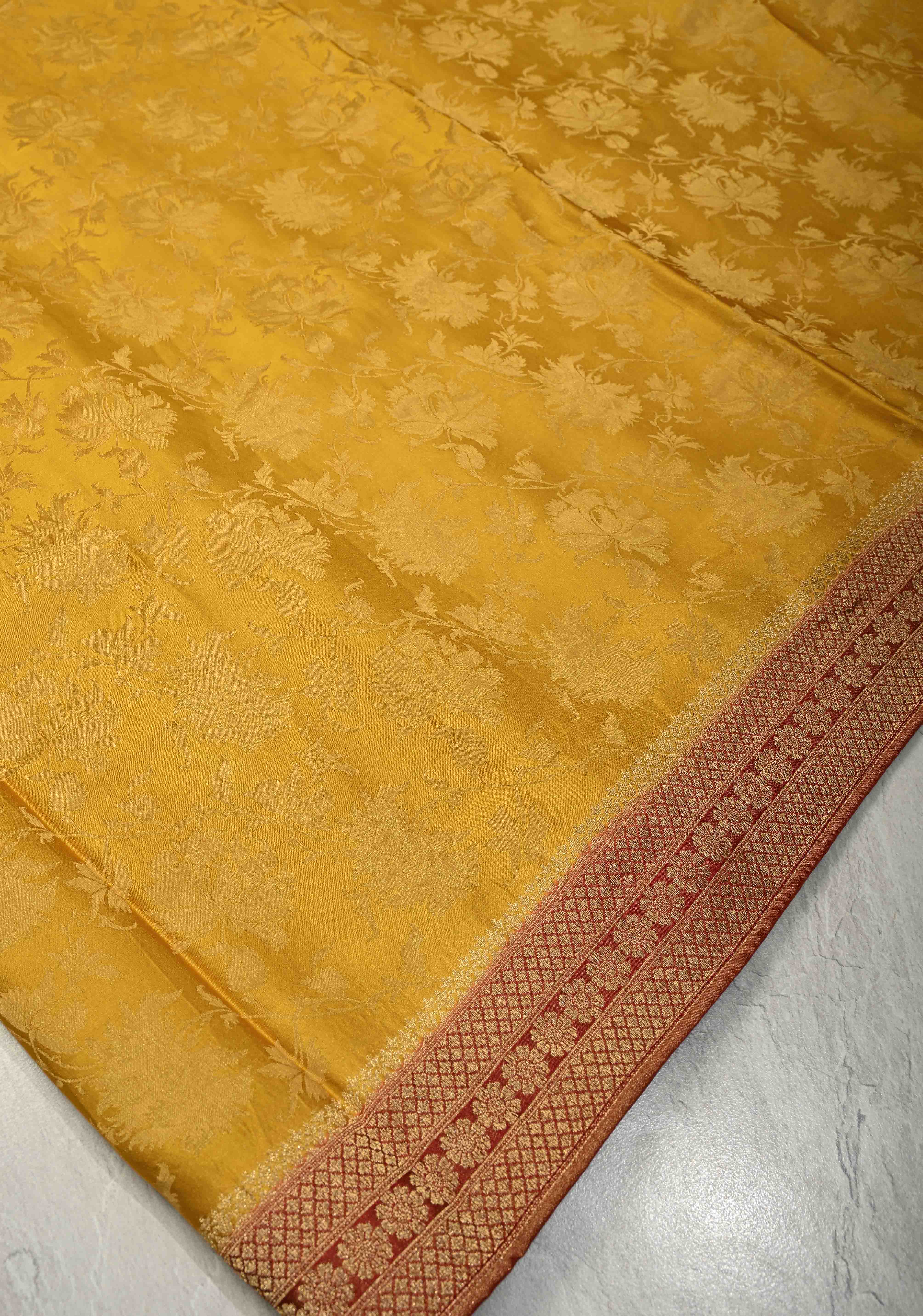 Sunflower Yellow Vegan Viscose Silk Saree with Floral Brocade and Contrast Zari Border | Shobitam