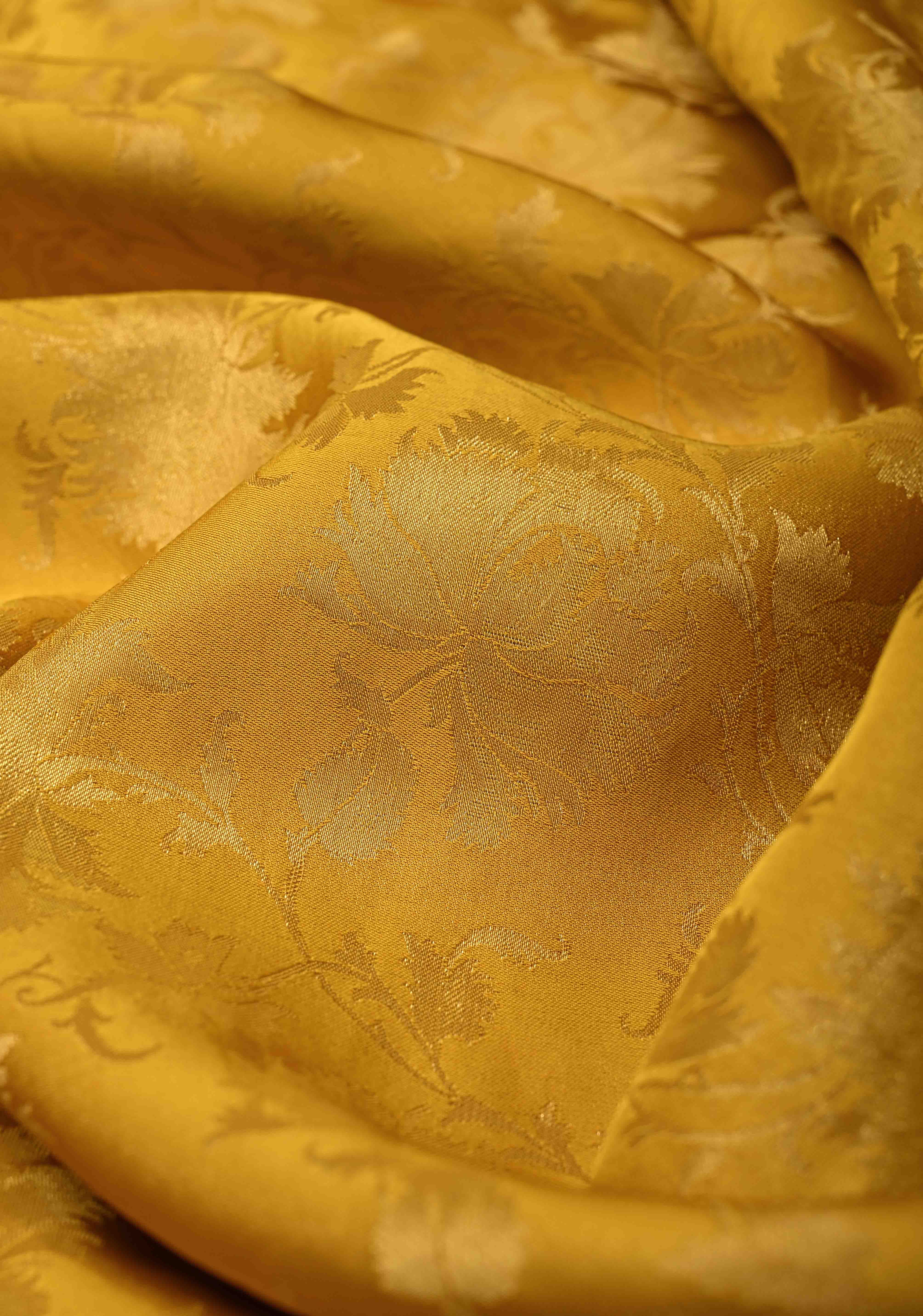 Sunflower Yellow Vegan Viscose Silk Saree with Floral Brocade and Contrast Zari Border | Shobitam