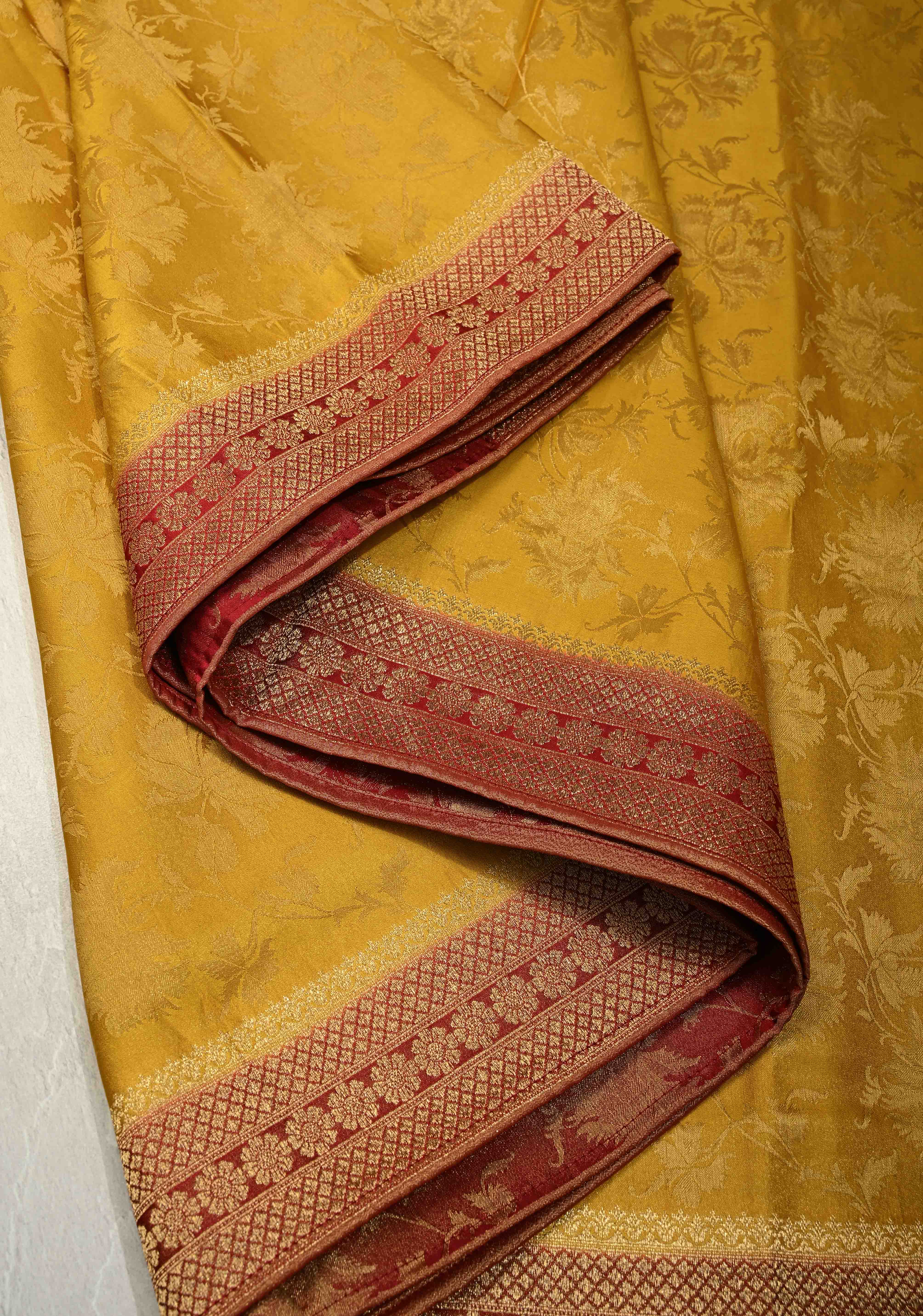Sunflower Yellow Vegan Viscose Silk Saree with Floral Brocade and Contrast Zari Border | Shobitam