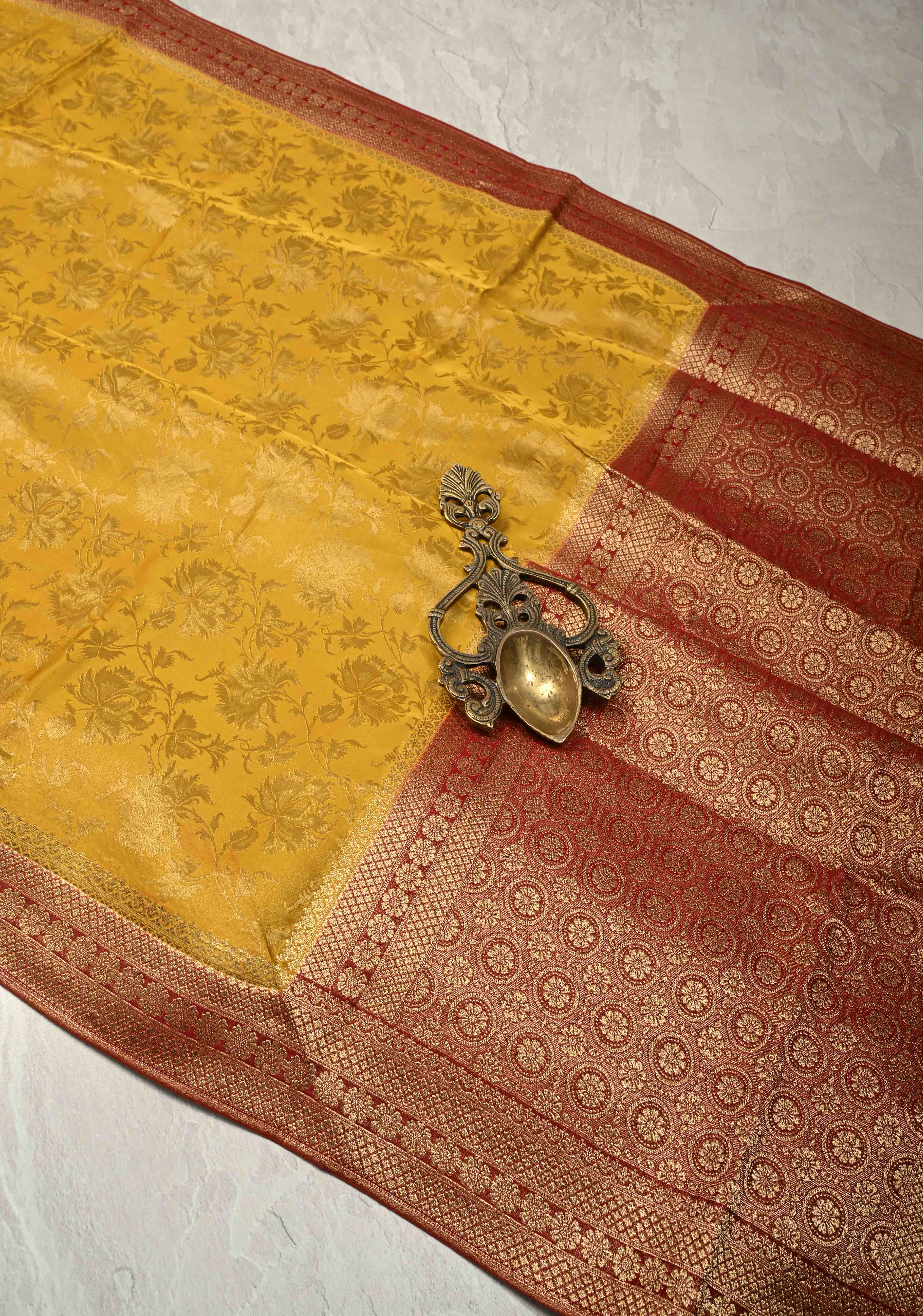 Sunflower Yellow Vegan Viscose Silk Saree with Floral Brocade and Contrast Zari Border | Shobitam