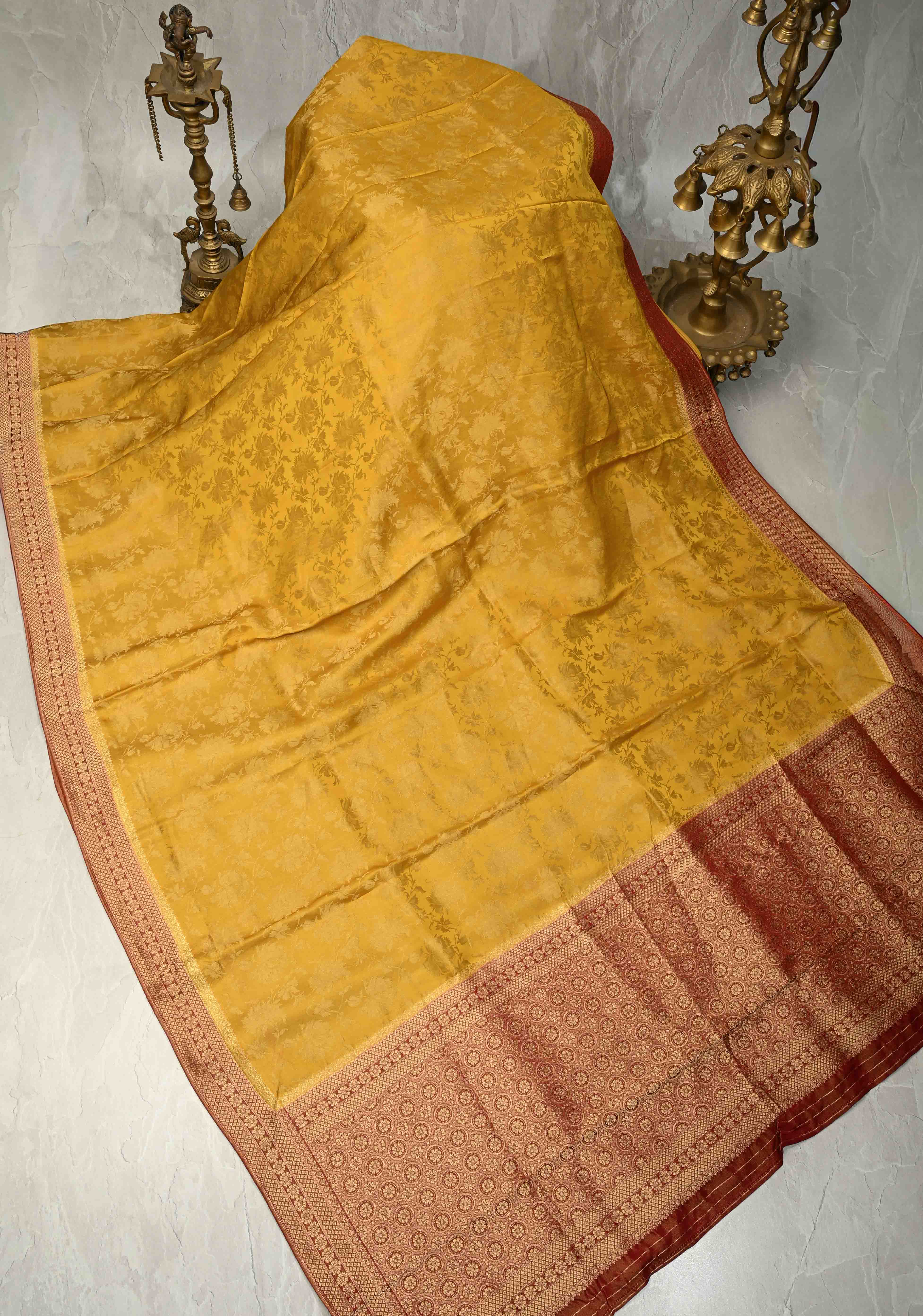 Sunflower Yellow Vegan Viscose Silk Saree with Floral Brocade and Contrast Zari Border | Shobitam