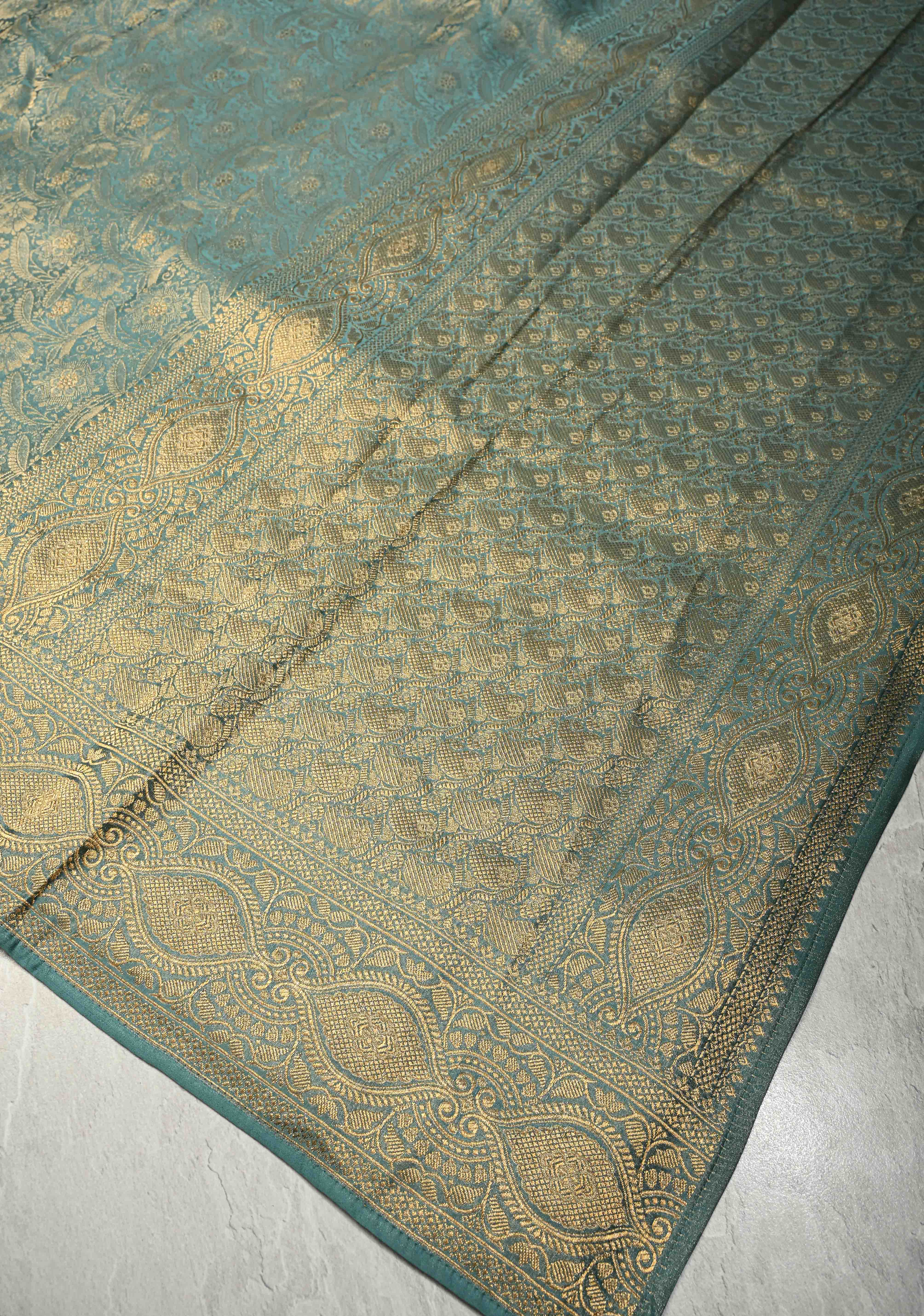 Neon Teal Vegan Viscose Silk Saree with Floral Brocade Jaal and Zari Border | SHOBITAM