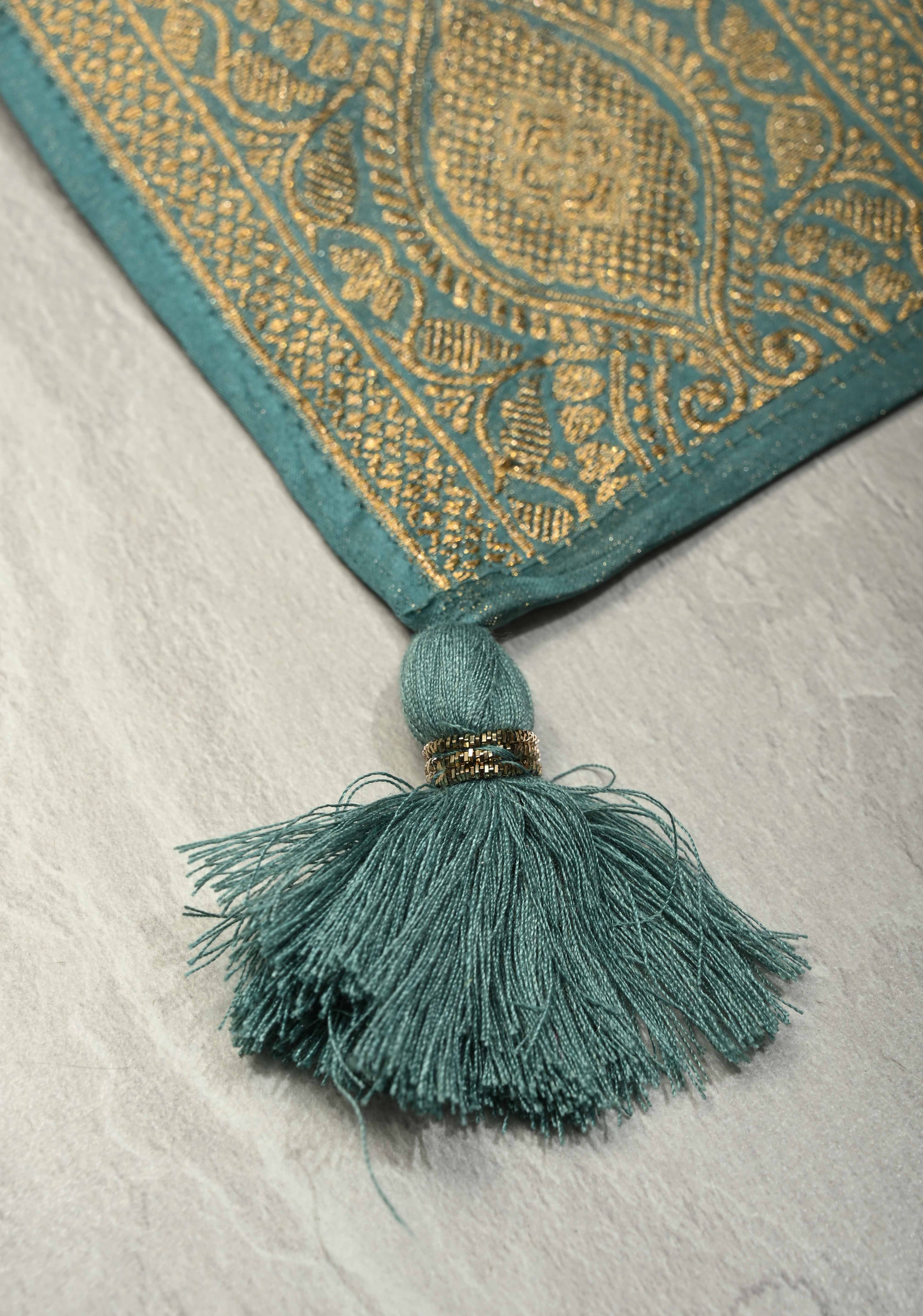 Neon Teal Vegan Viscose Silk Saree with Floral Brocade Jaal and Zari Border | SHOBITAM