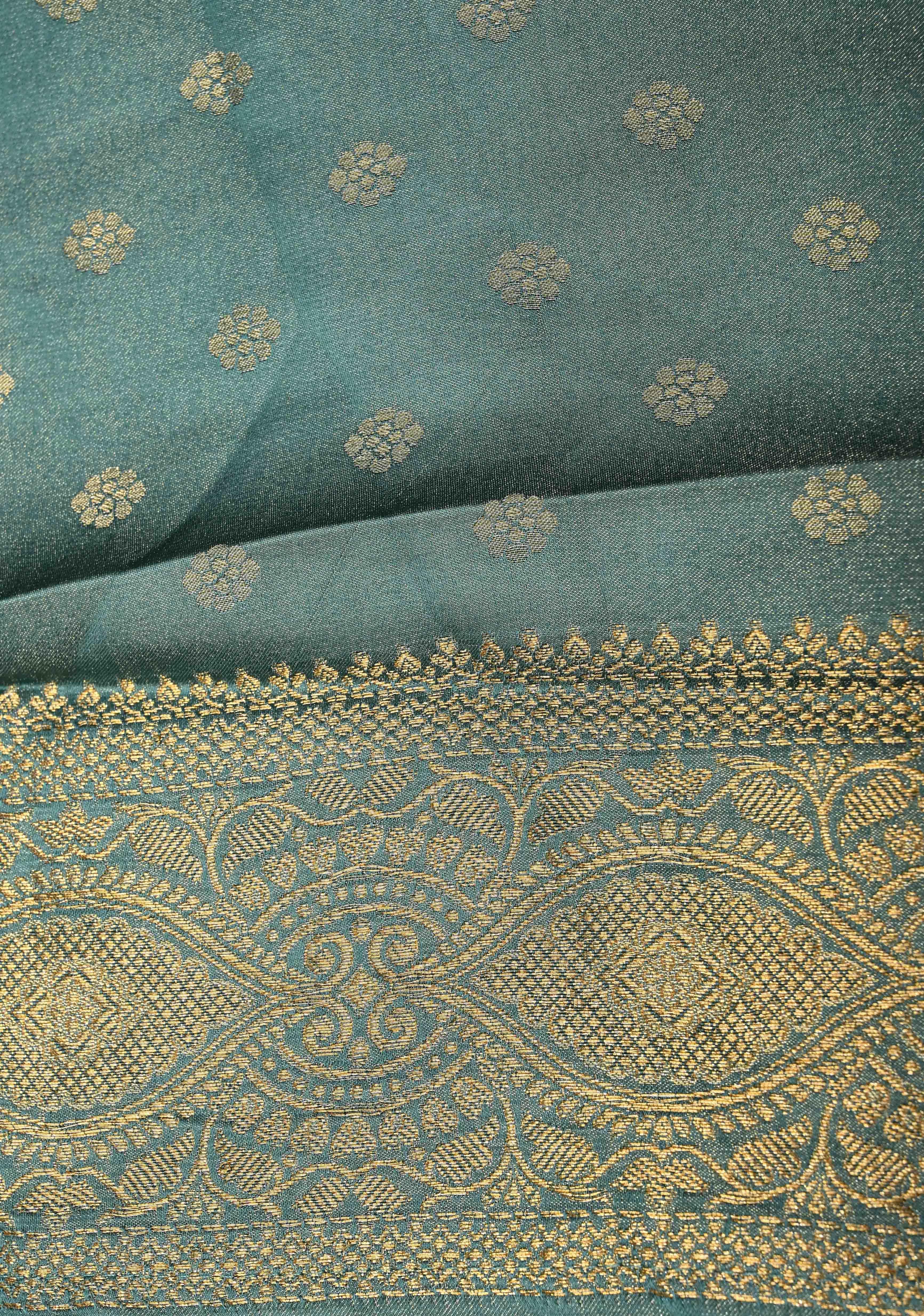 Neon Teal Vegan Viscose Silk Saree with Floral Brocade Jaal and Zari Border | SHOBITAM