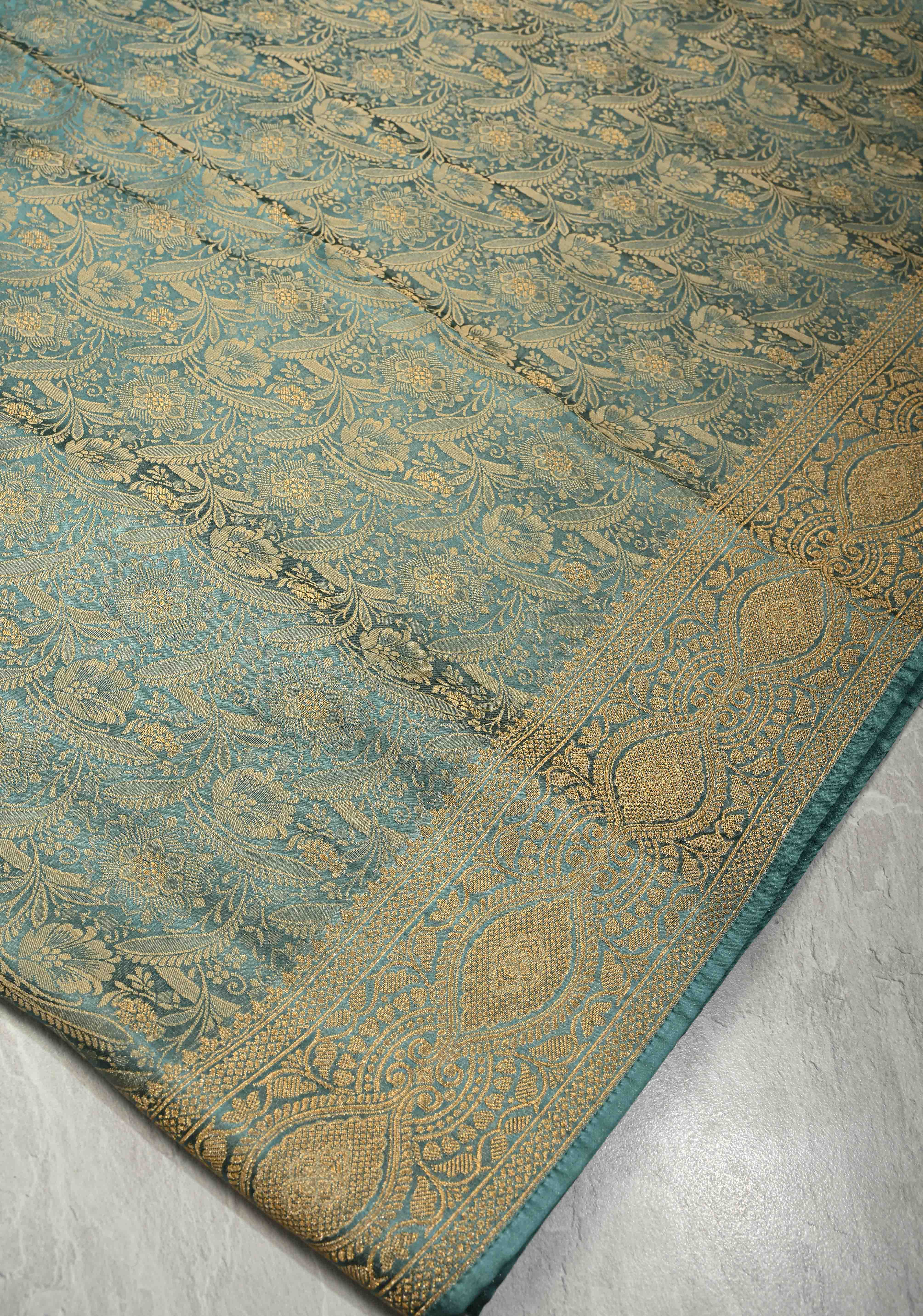 Neon Teal Vegan Viscose Silk Saree with Floral Brocade Jaal and Zari Border | SHOBITAM