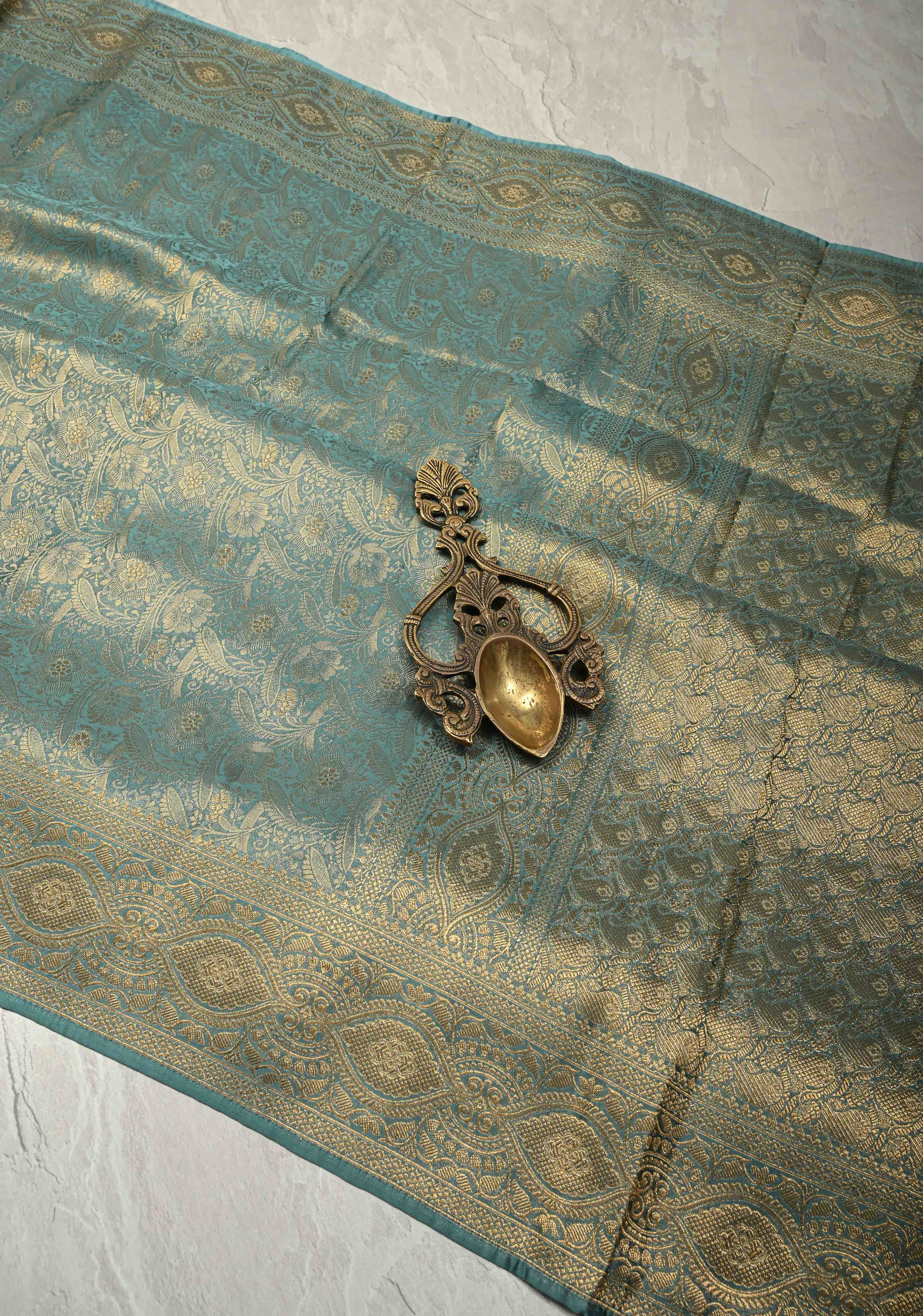 Neon Teal Vegan Viscose Silk Saree with Floral Brocade Jaal and Zari Border | SHOBITAM