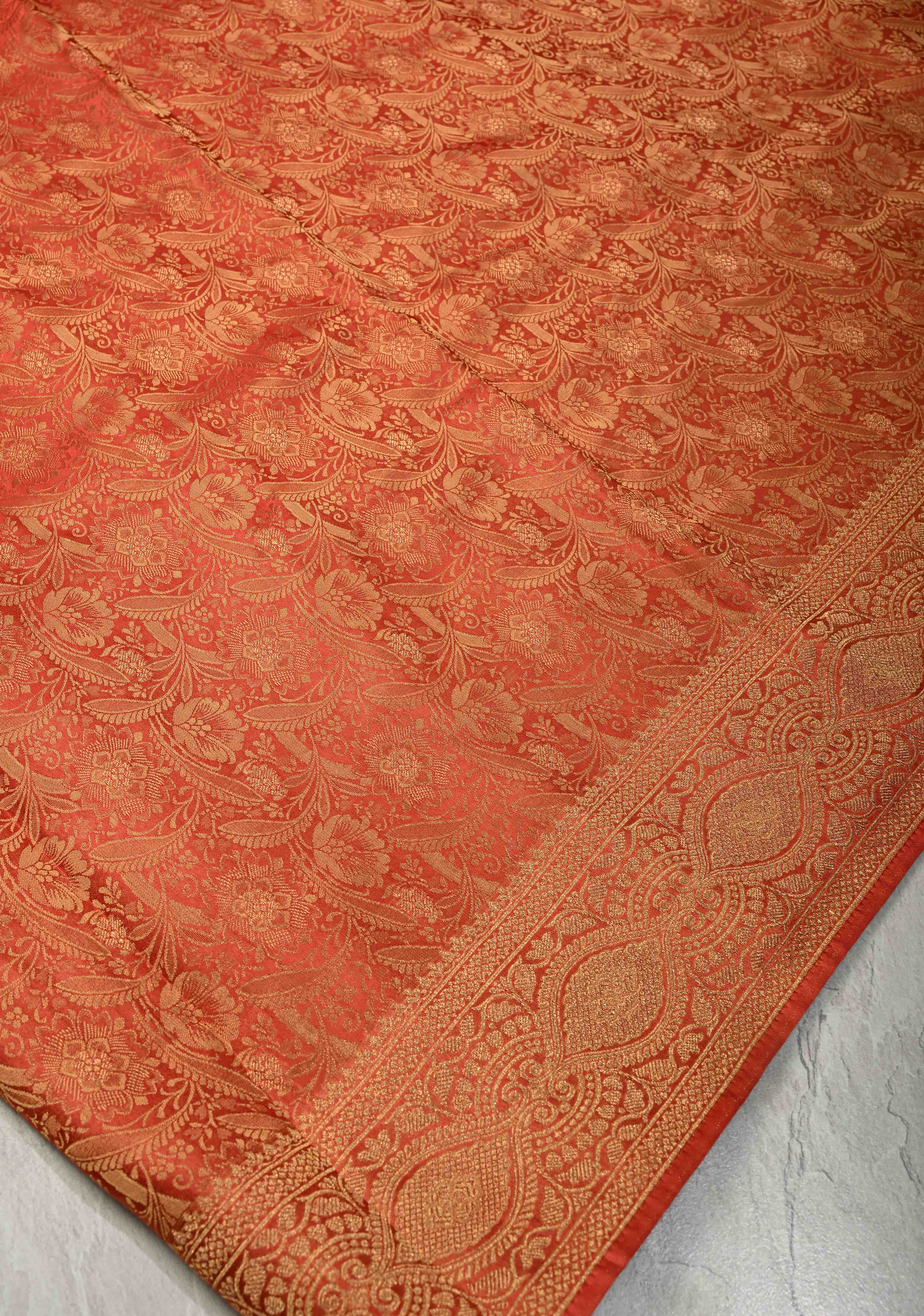 Reddish Orange Vegan Viscose Silk Saree with Floral Brocade and Zari Border | Shobitam