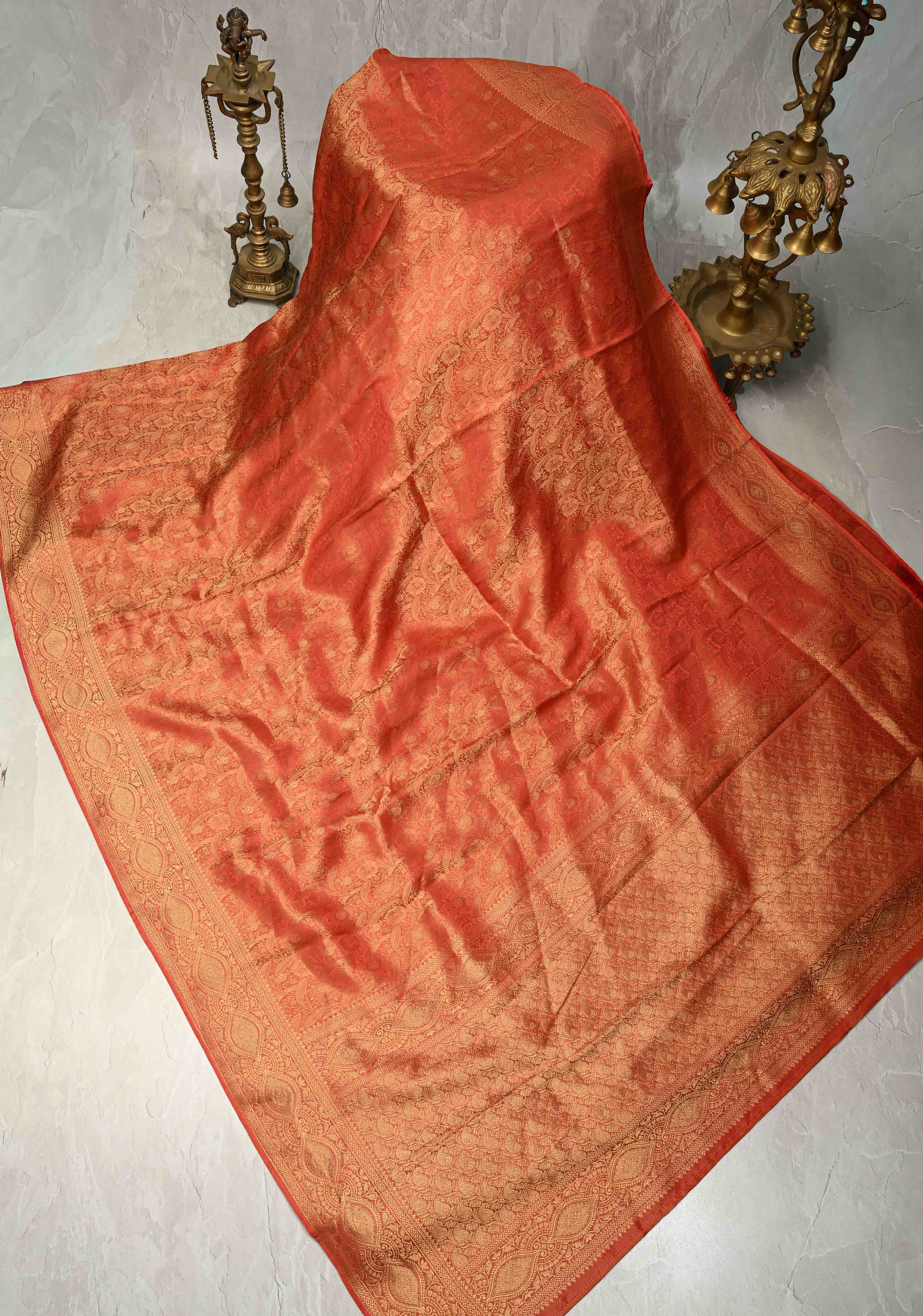 Reddish Orange Vegan Viscose Silk Saree with Floral Brocade and Zari Border | Shobitam