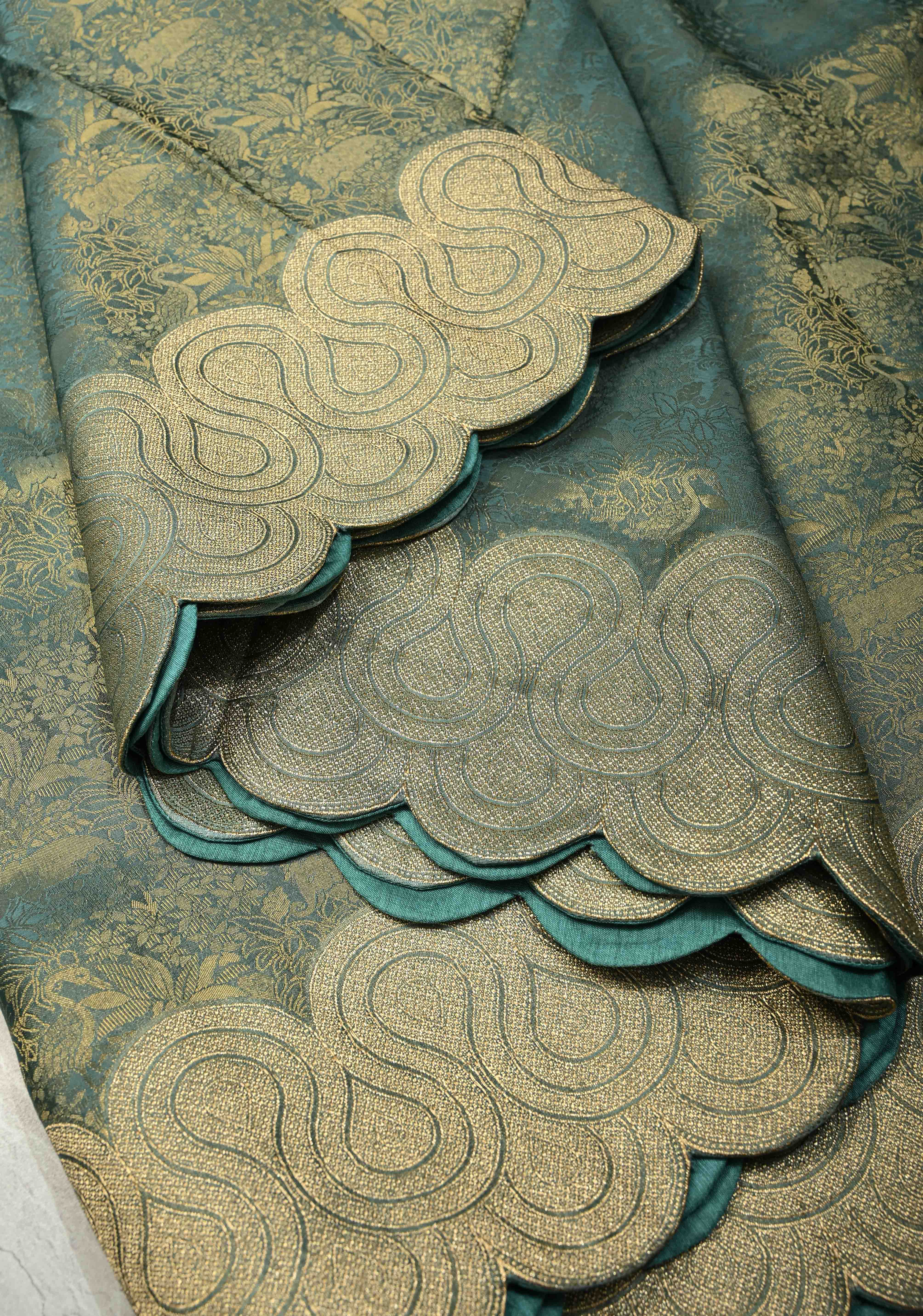 Turquoise Sea Green Vegan Viscose Silk Saree with Vanasingaram Brocade and Scallop Border | Shobitam