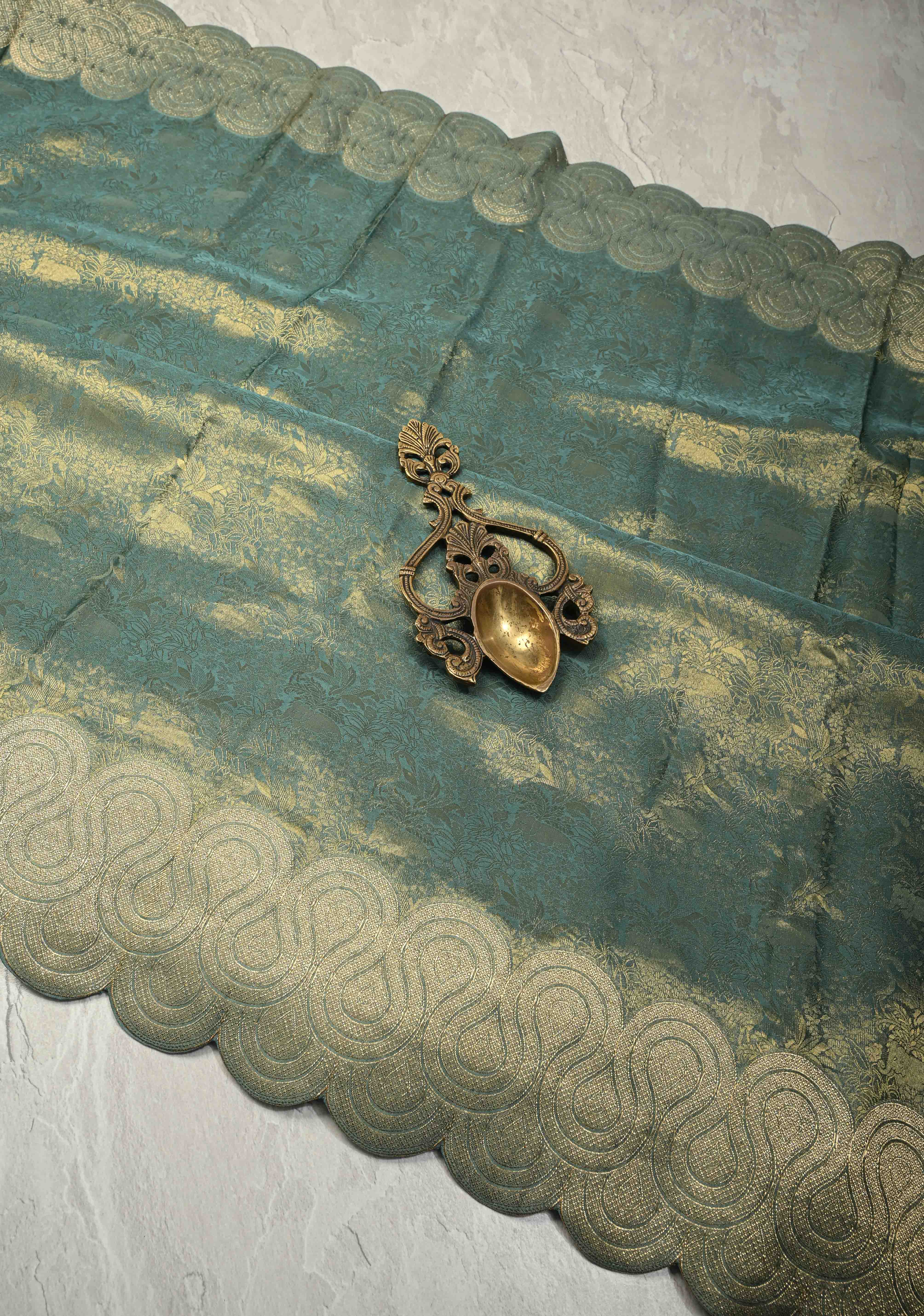 Turquoise Sea Green Vegan Viscose Silk Saree with Vanasingaram Brocade and Scallop Border | Shobitam