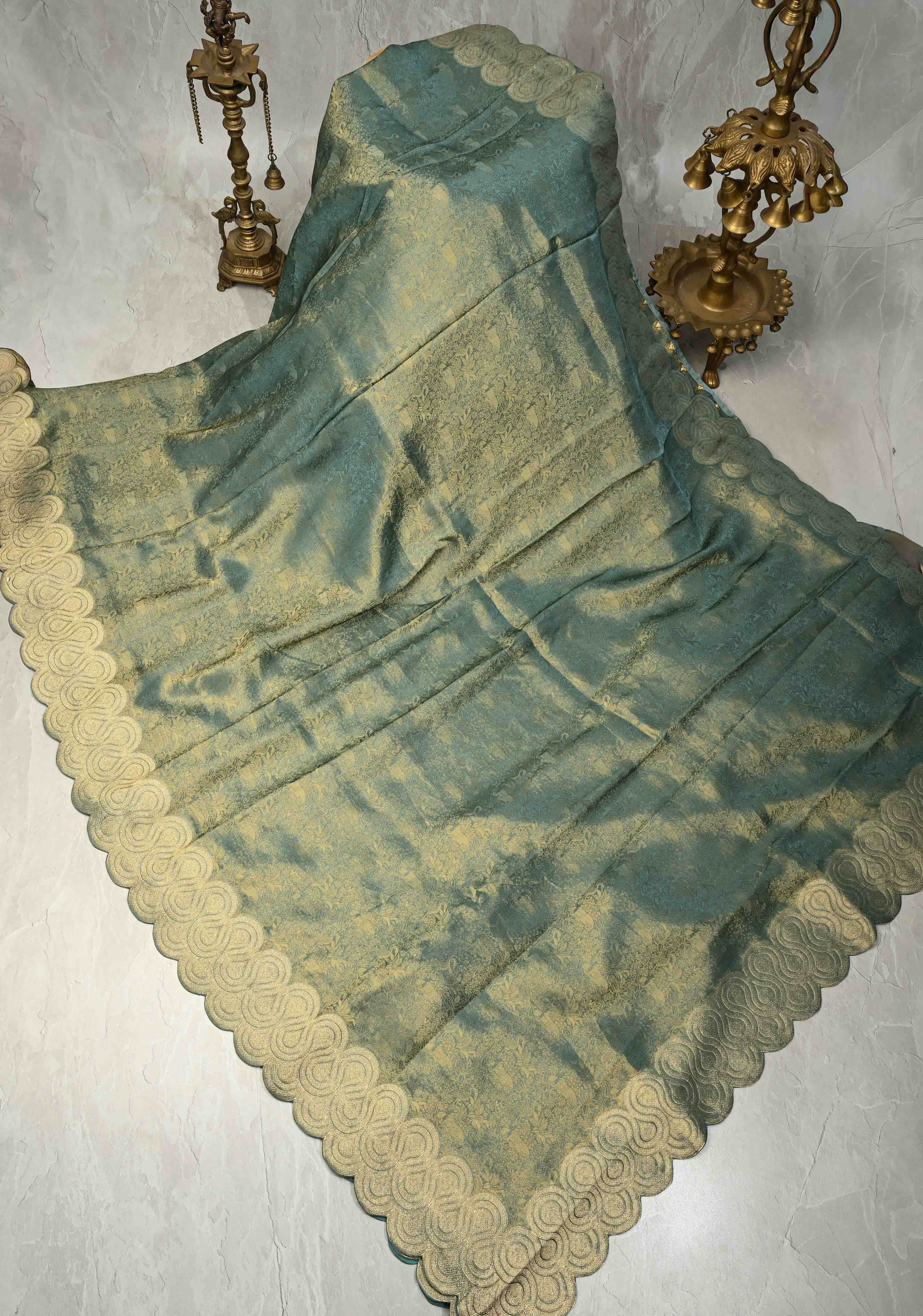 Turquoise Sea Green Vegan Viscose Silk Saree with Vanasingaram Brocade and Scallop Border | Shobitam