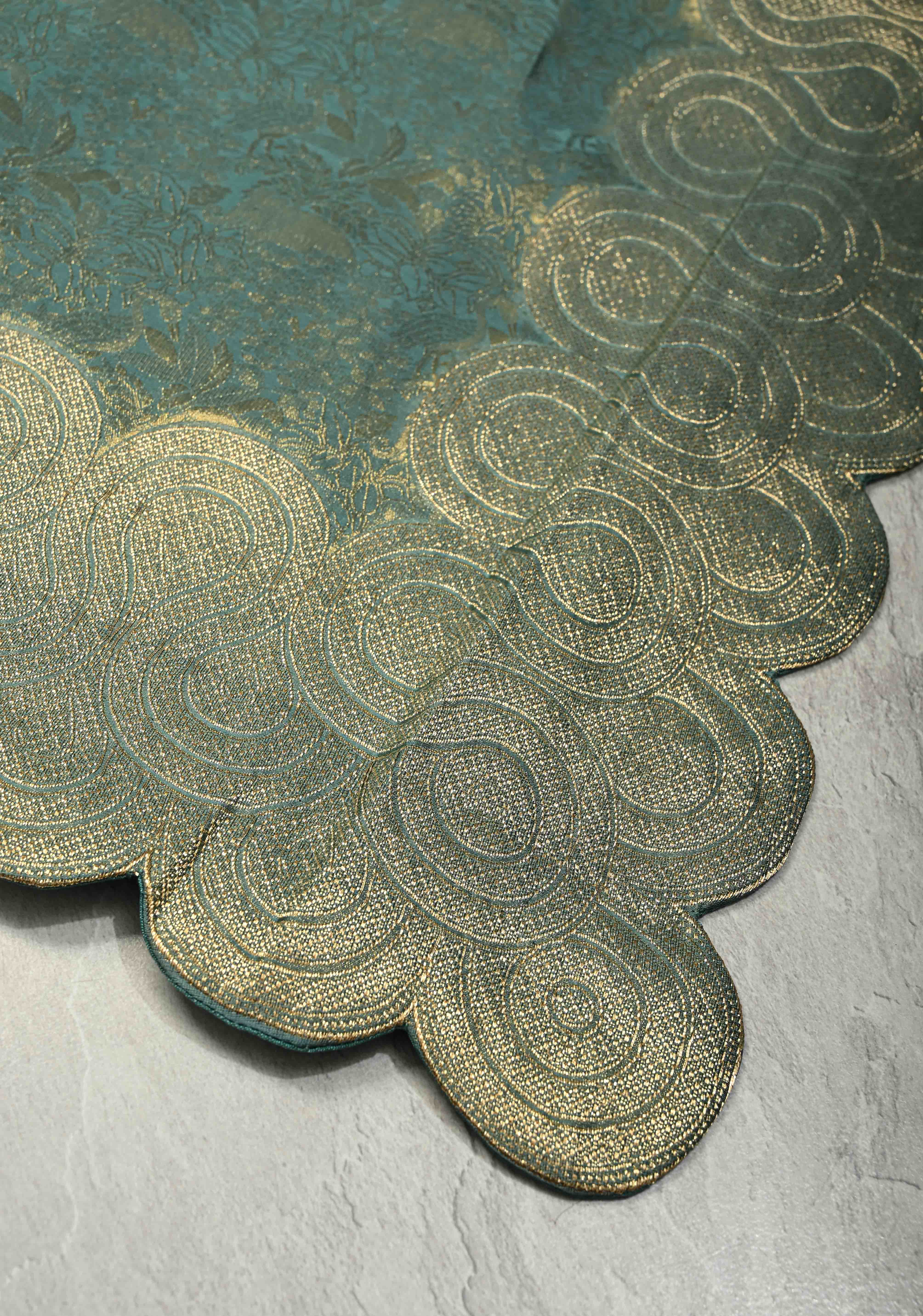 Turquoise Sea Green Vegan Viscose Silk Saree with Vanasingaram Brocade and Scallop Border | Shobitam