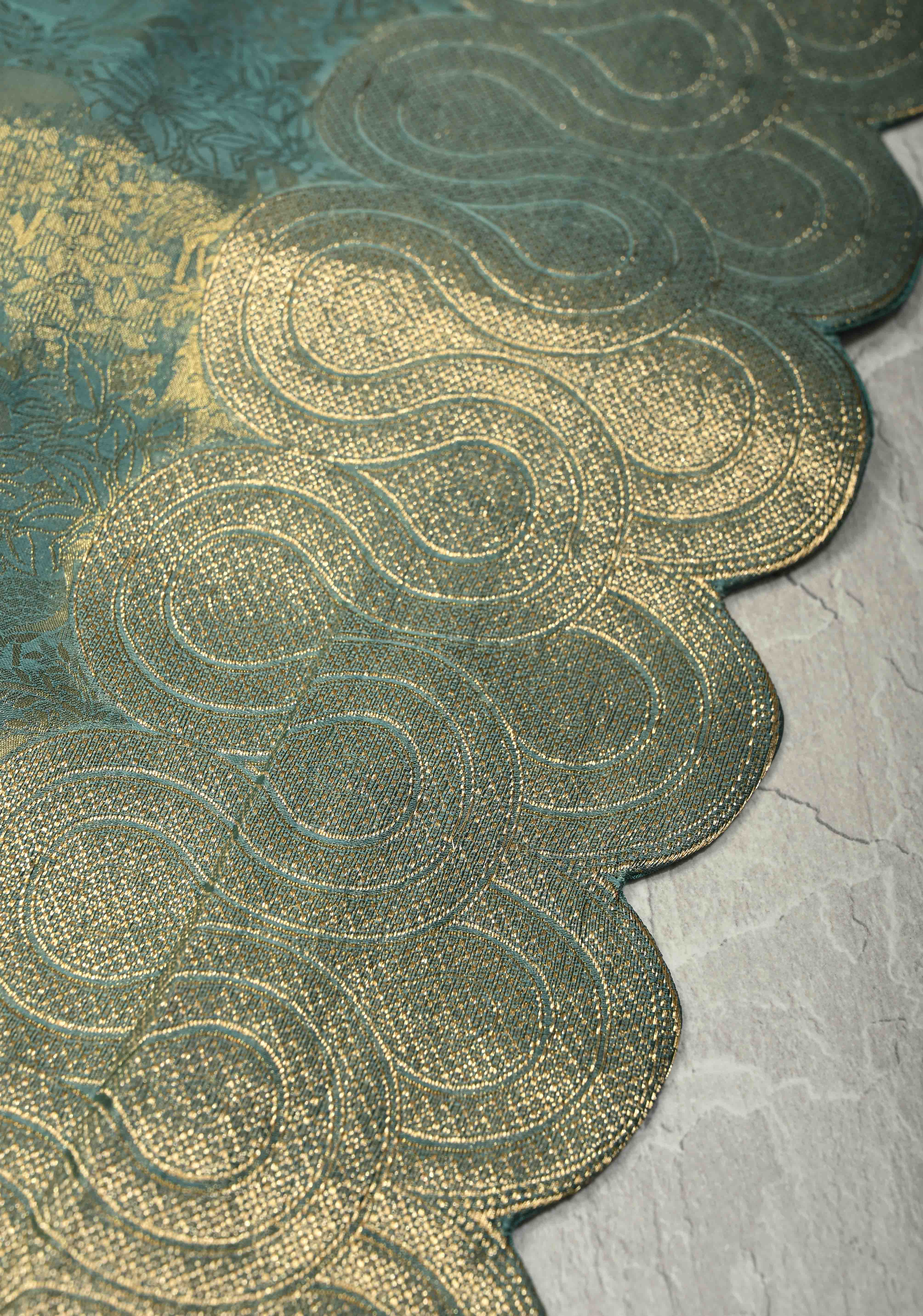 Turquoise Sea Green Vegan Viscose Silk Saree with Vanasingaram Brocade and Scallop Border | Shobitam