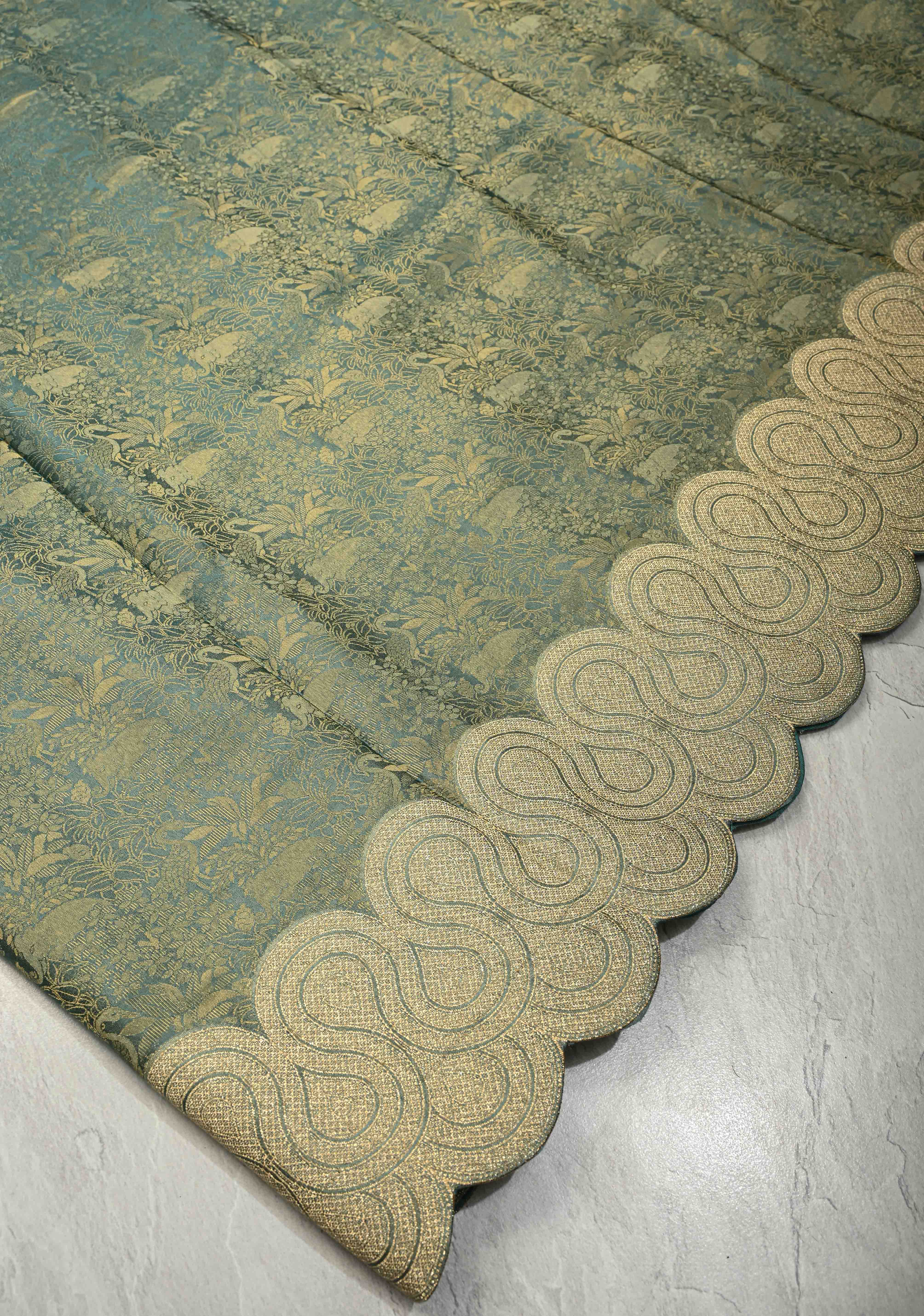 Turquoise Sea Green Vegan Viscose Silk Saree with Vanasingaram Brocade and Scallop Border | Shobitam