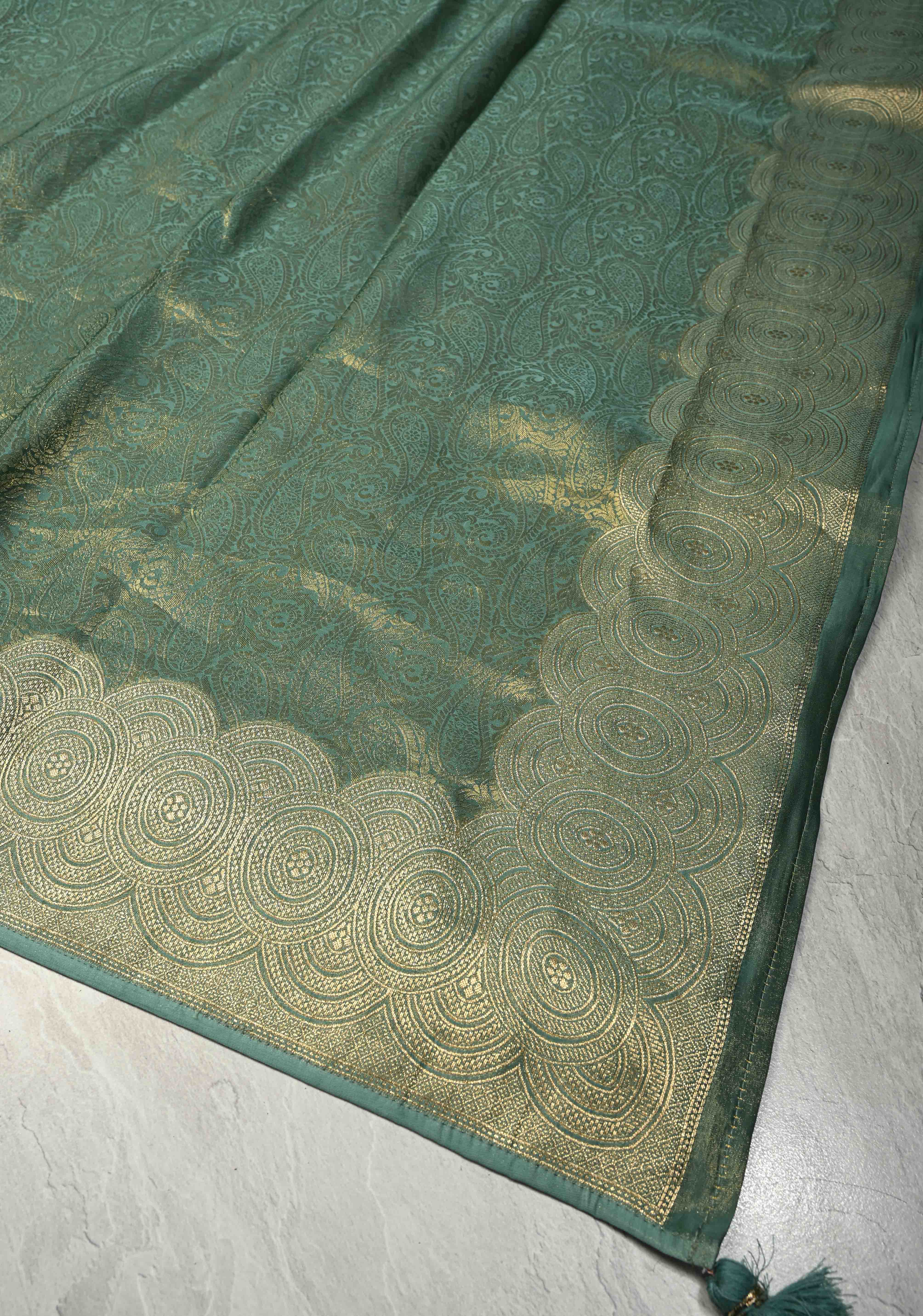 Turquoise Vegan Viscose Paisley Brocade Silk Saree with Zari Border | Shobitam