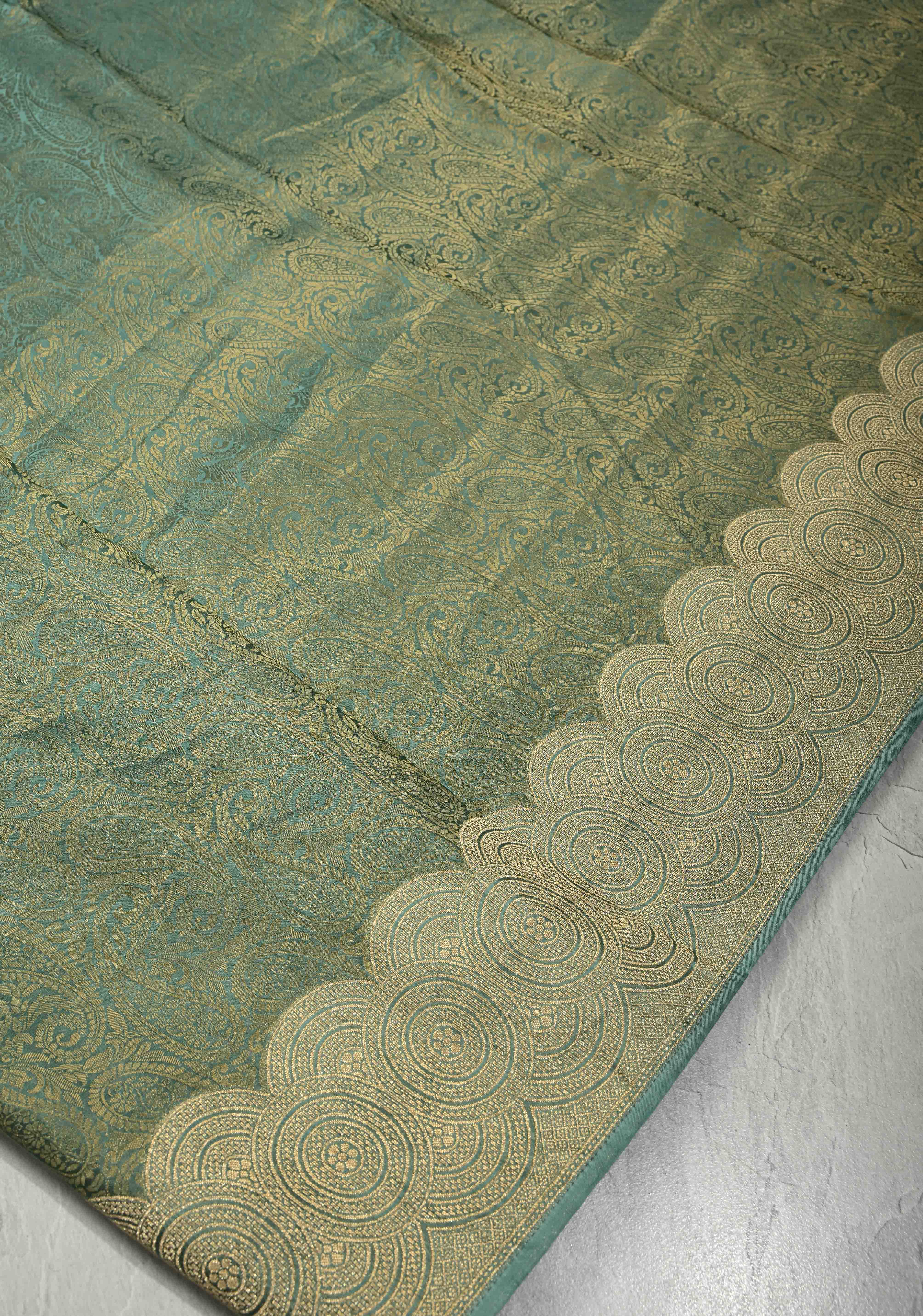 Turquoise Vegan Viscose Paisley Brocade Silk Saree with Zari Border | Shobitam