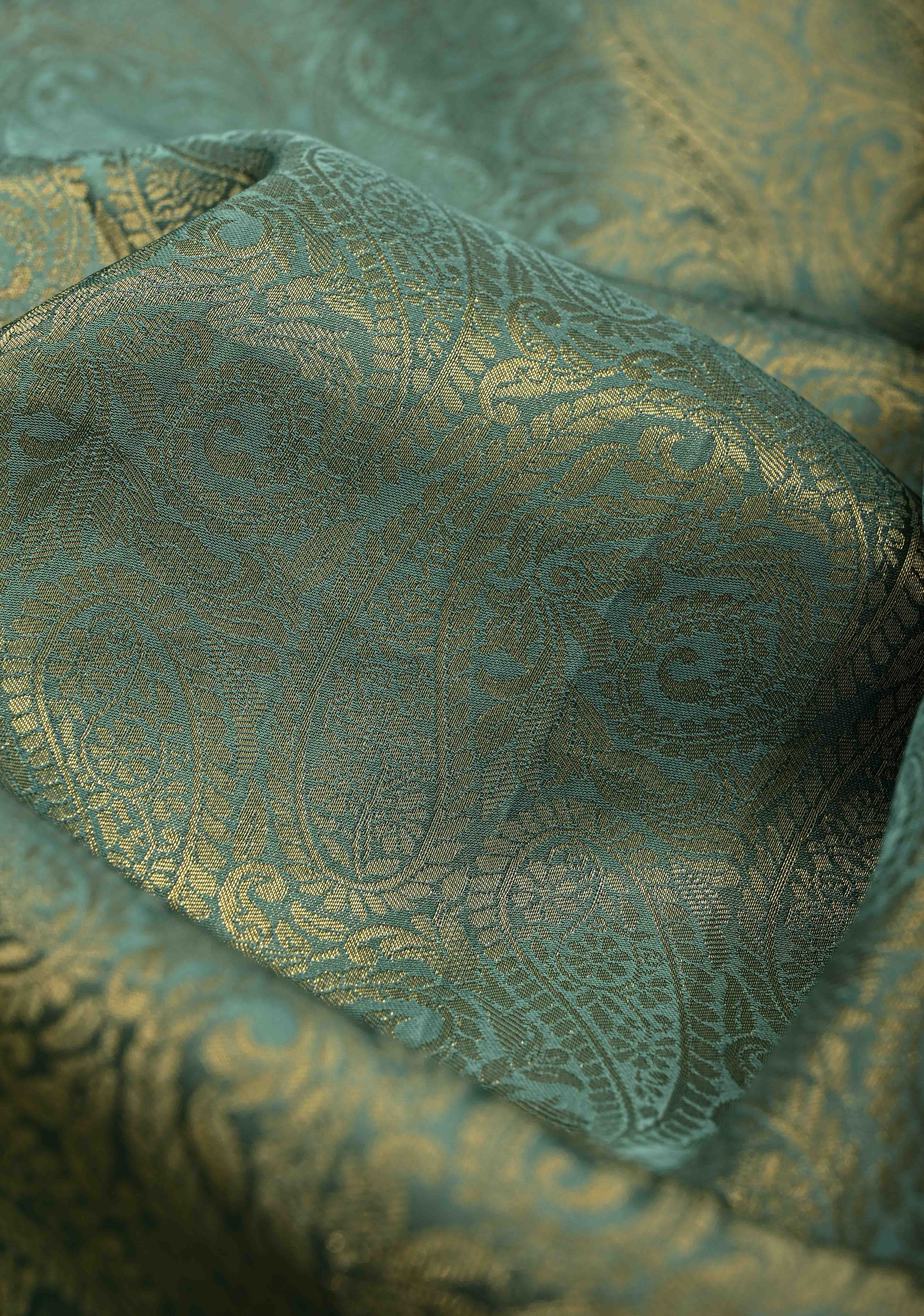 Turquoise Vegan Viscose Paisley Brocade Silk Saree with Zari Border | Shobitam