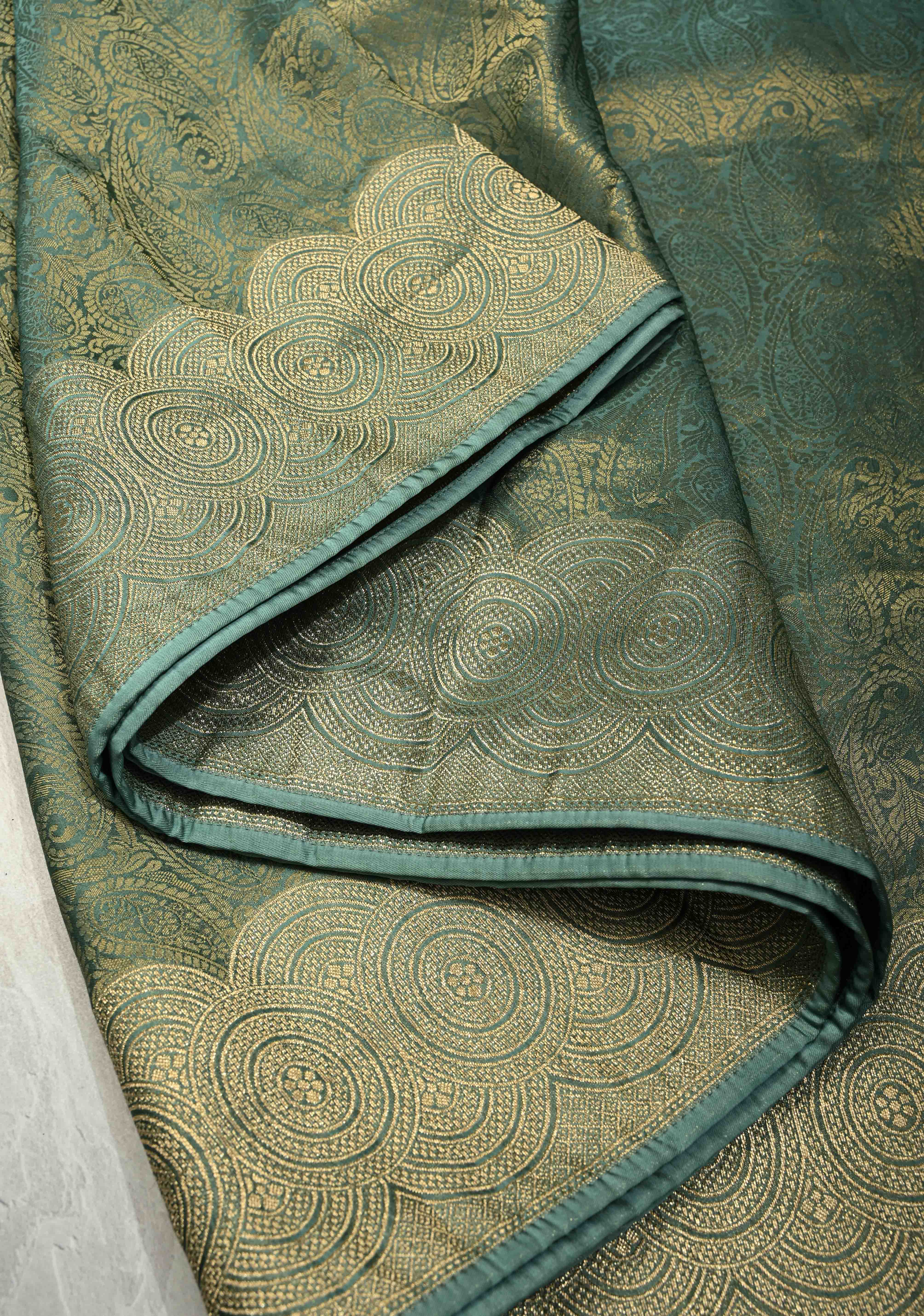 Turquoise Vegan Viscose Paisley Brocade Silk Saree with Zari Border | Shobitam
